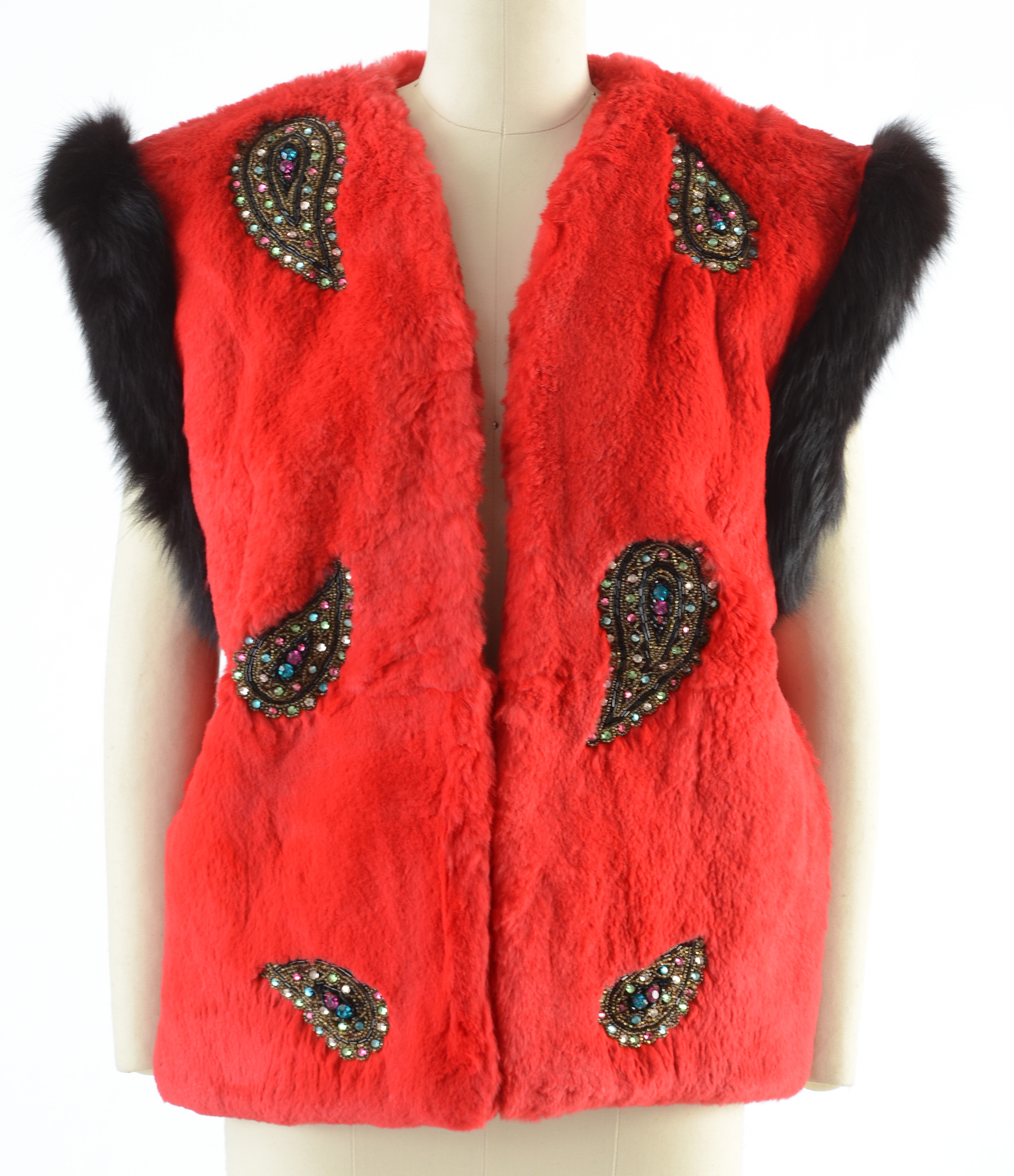 Adrienne Landau Dyed Red Rabbit Fur Open Front Vest Trimmed in Black Fox Fur and Embellished with Beaded Paisley