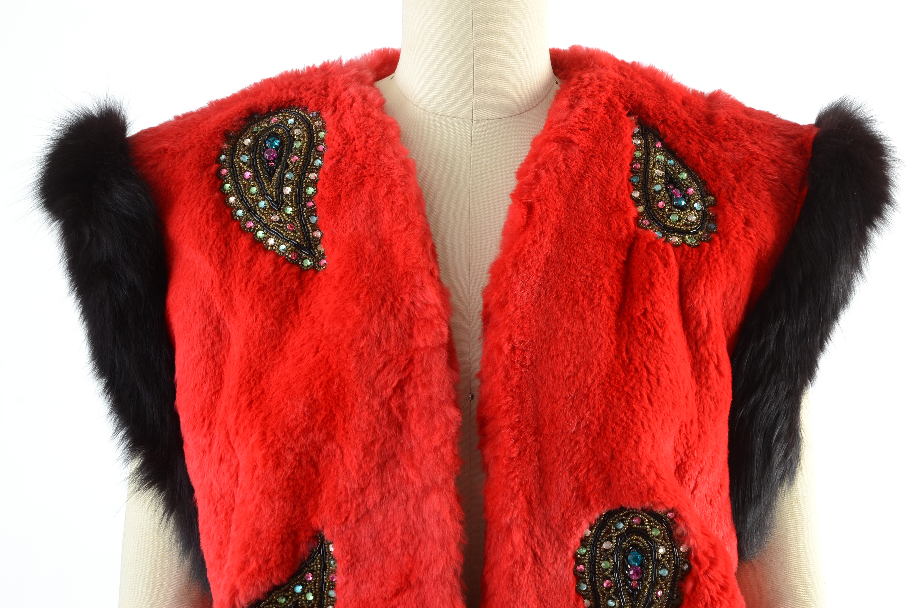 Adrienne Landau Dyed Red Rabbit Fur Open Front Vest Trimmed in Black Fox Fur and Embellished with Beaded Paisley