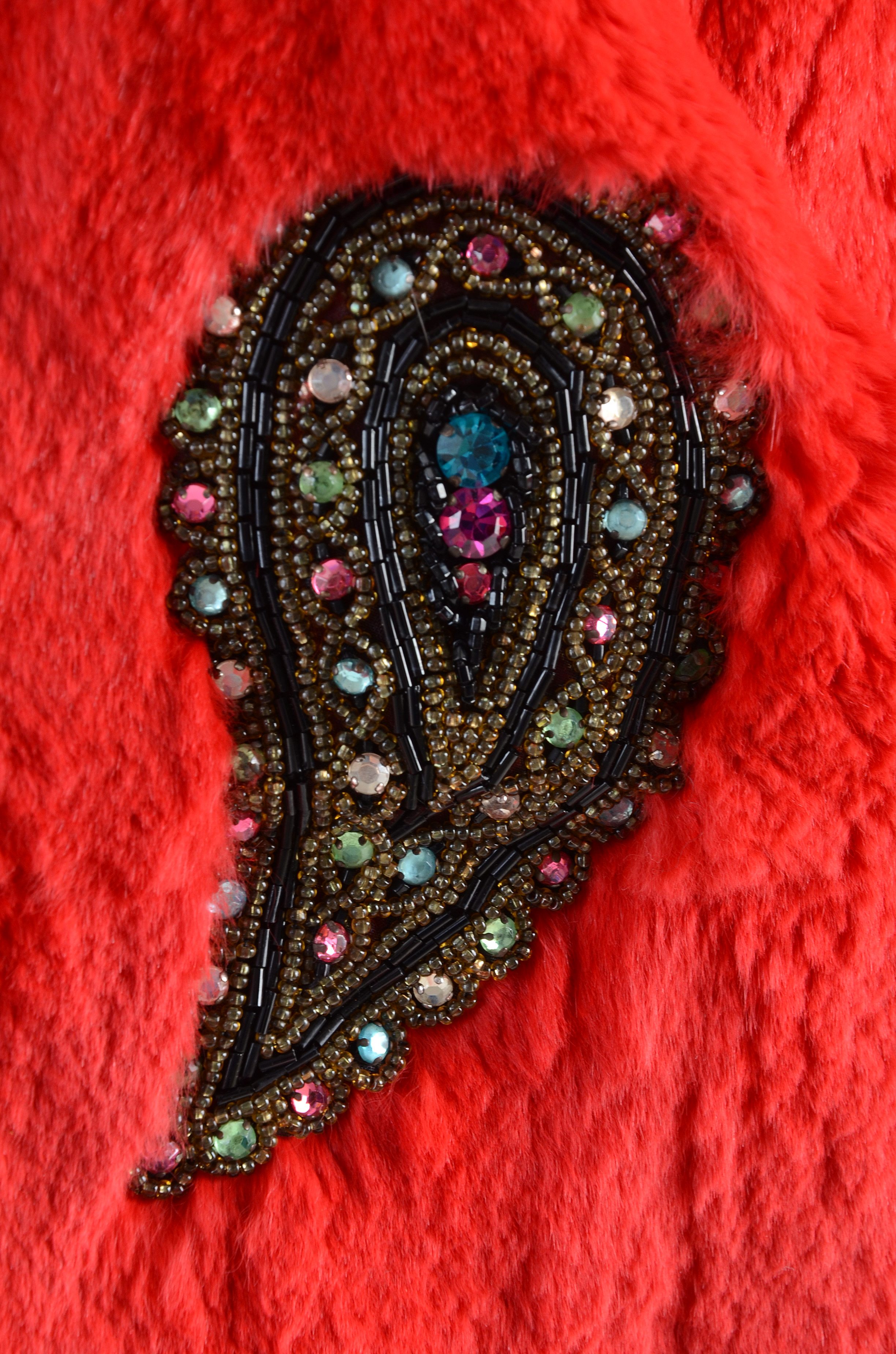 Adrienne Landau Dyed Red Rabbit Fur Open Front Vest Trimmed in Black Fox Fur and Embellished with Beaded Paisley