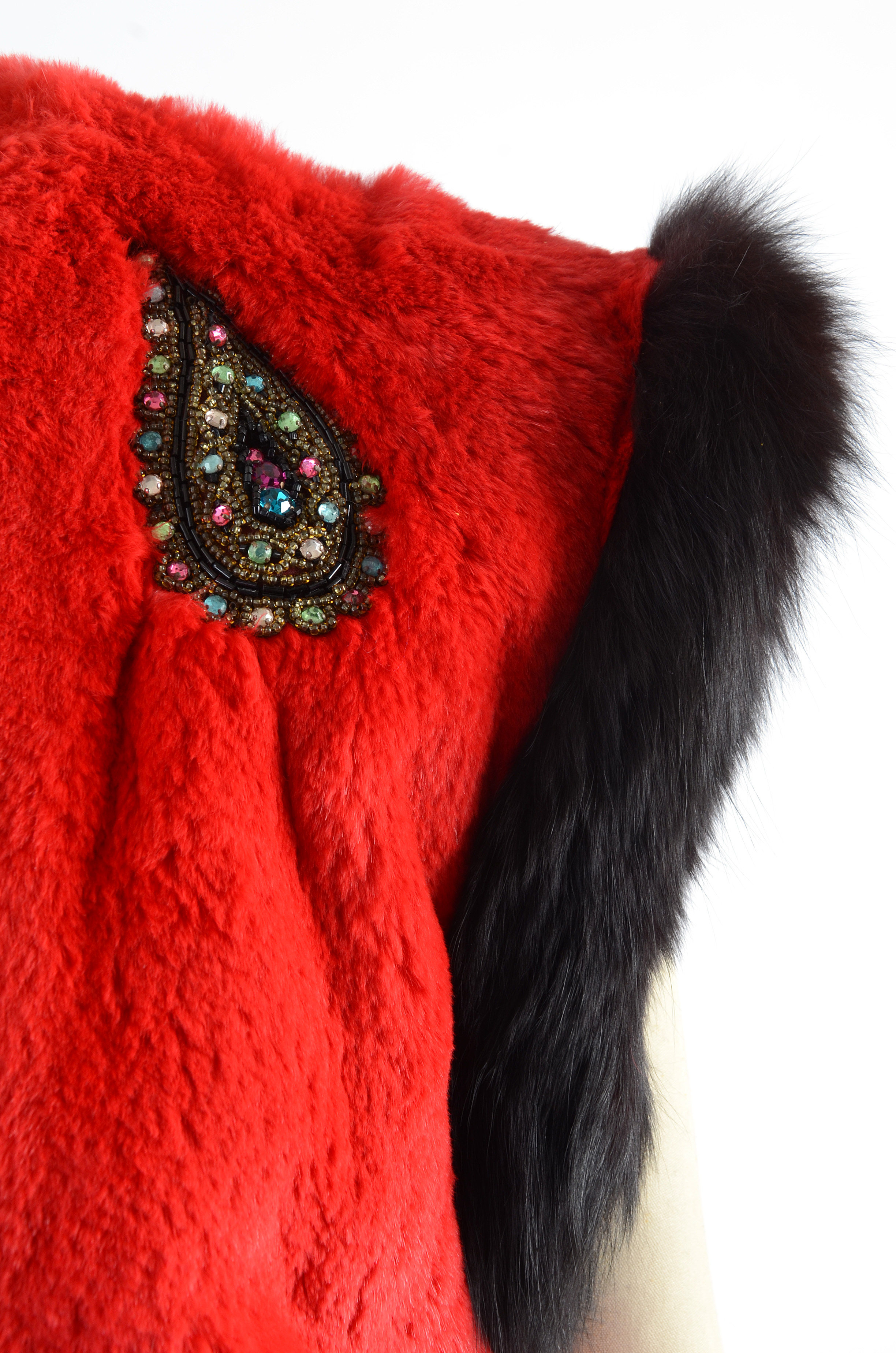 Adrienne Landau Dyed Red Rabbit Fur Open Front Vest Trimmed in Black Fox Fur and Embellished with Beaded Paisley
