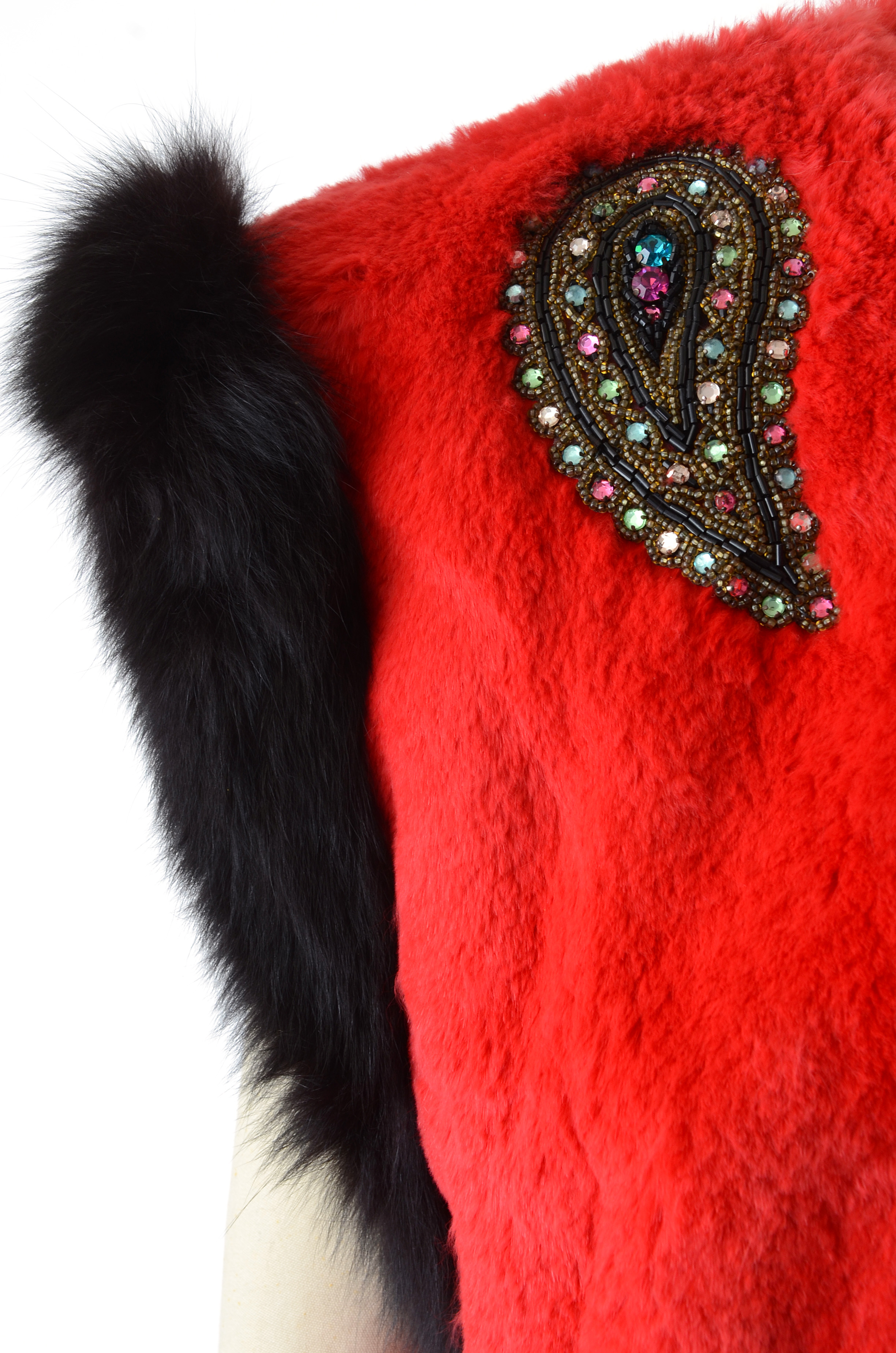 Adrienne Landau Dyed Red Rabbit Fur Open Front Vest Trimmed in Black Fox Fur and Embellished with Beaded Paisley