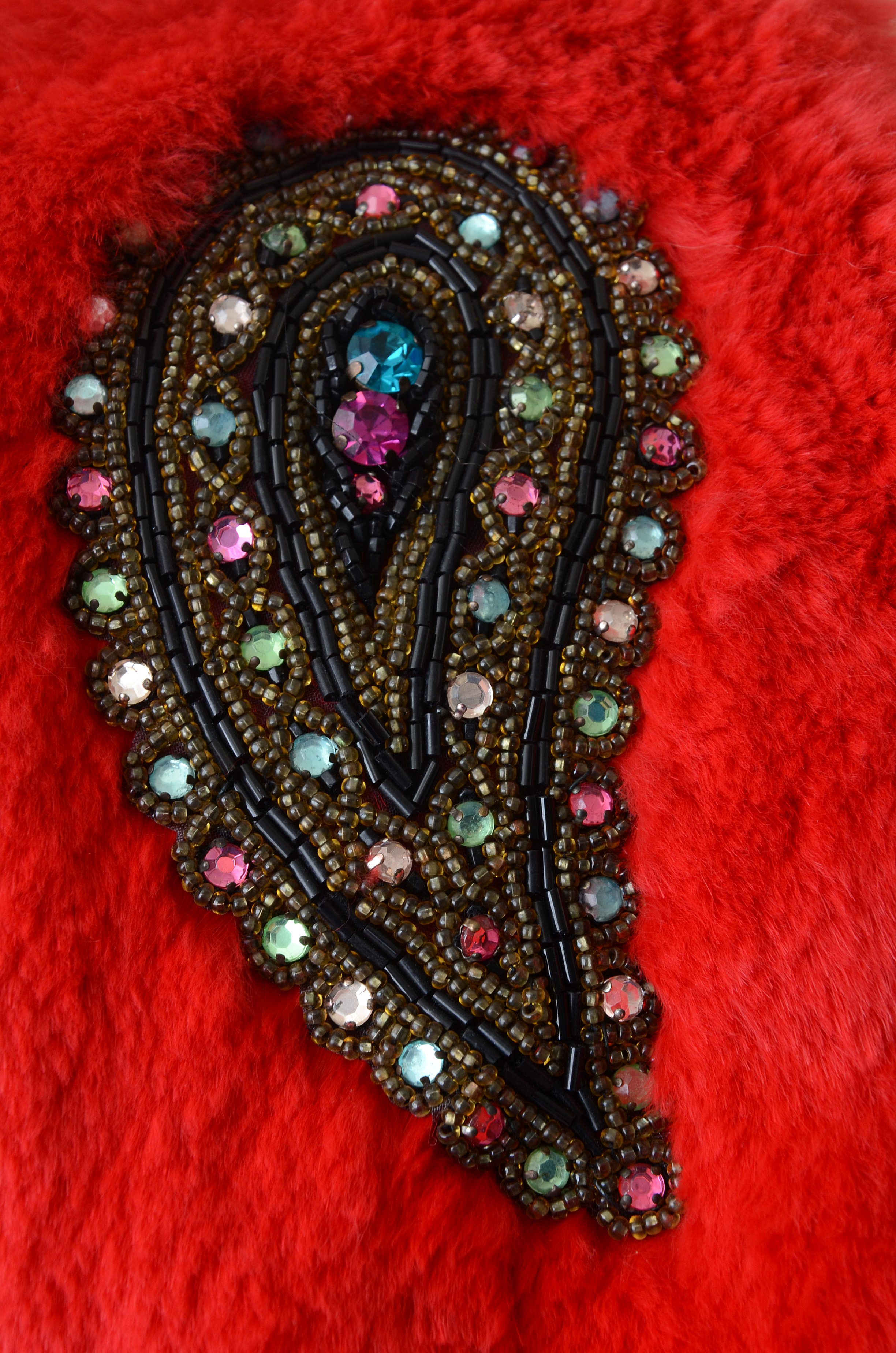 Adrienne Landau Dyed Red Rabbit Fur Open Front Vest Trimmed in Black Fox Fur and Embellished with Beaded Paisley