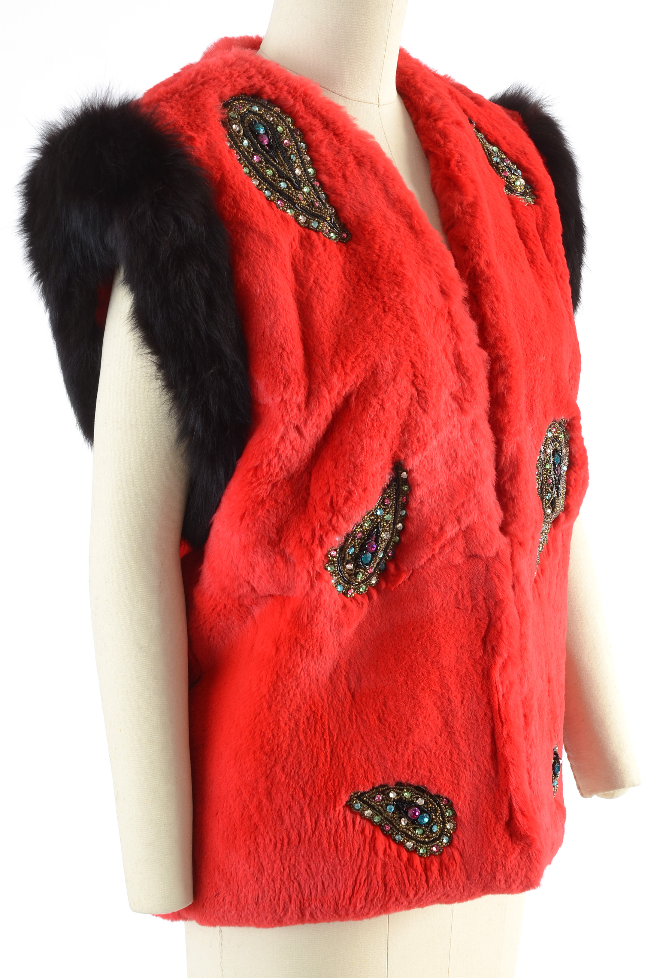 Adrienne Landau Dyed Red Rabbit Fur Open Front Vest Trimmed in Black Fox Fur and Embellished with Beaded Paisley