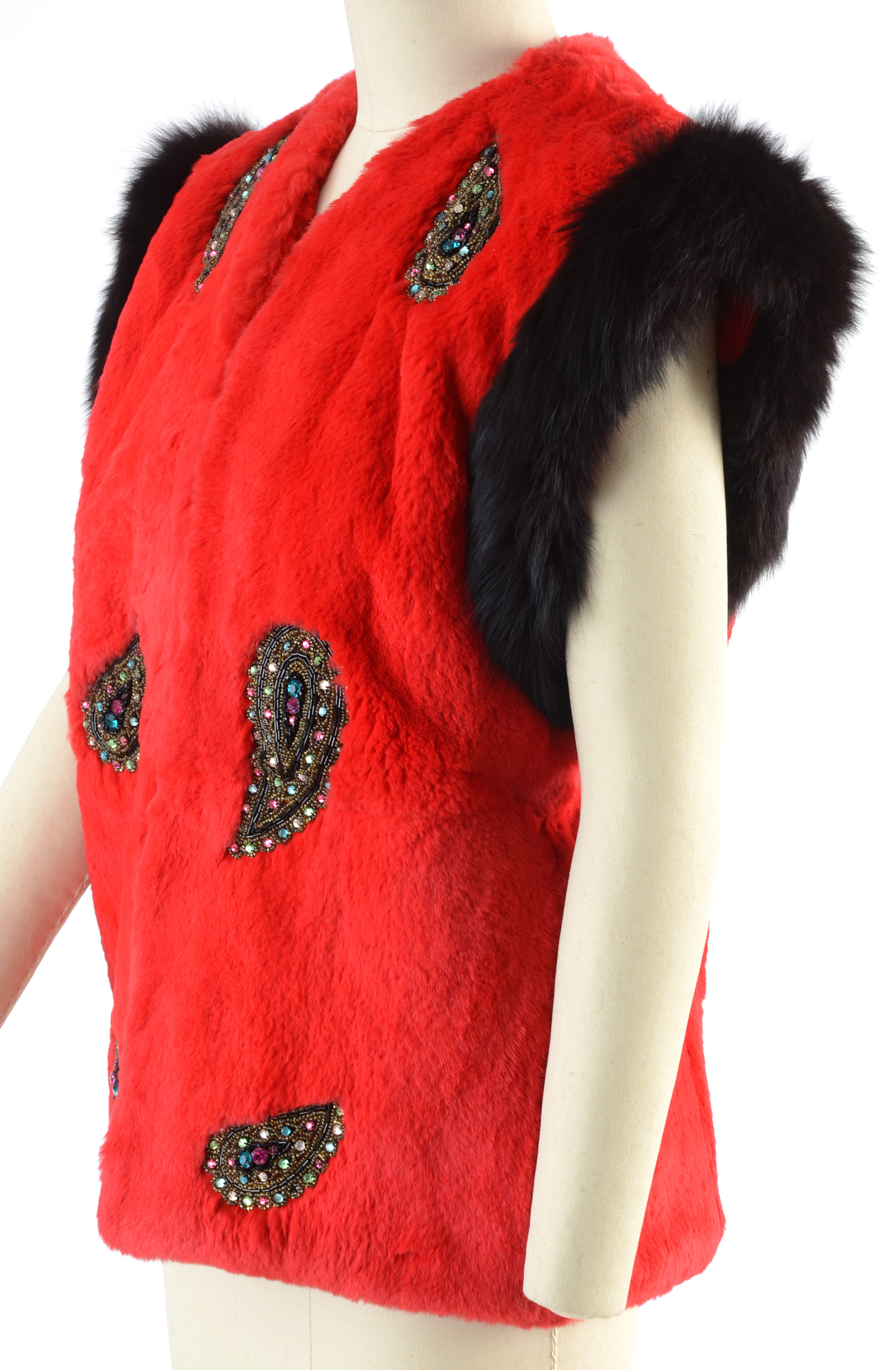 Adrienne Landau Dyed Red Rabbit Fur Open Front Vest Trimmed in Black Fox Fur and Embellished with Beaded Paisley