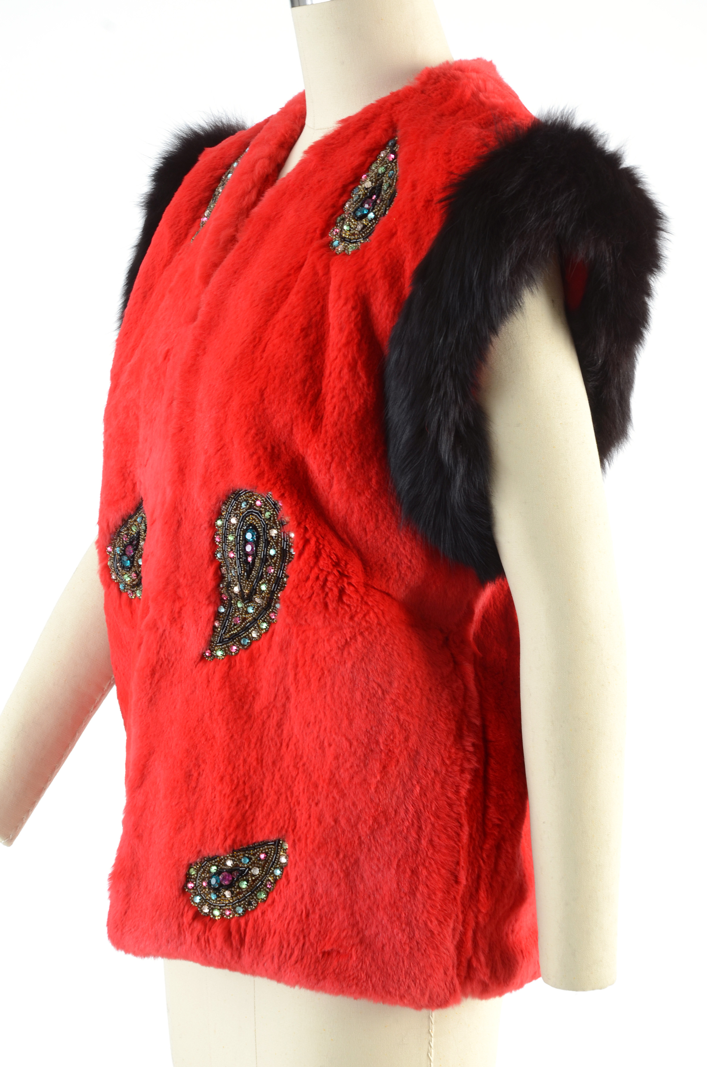 Adrienne Landau Dyed Red Rabbit Fur Open Front Vest Trimmed in Black Fox Fur and Embellished with Beaded Paisley