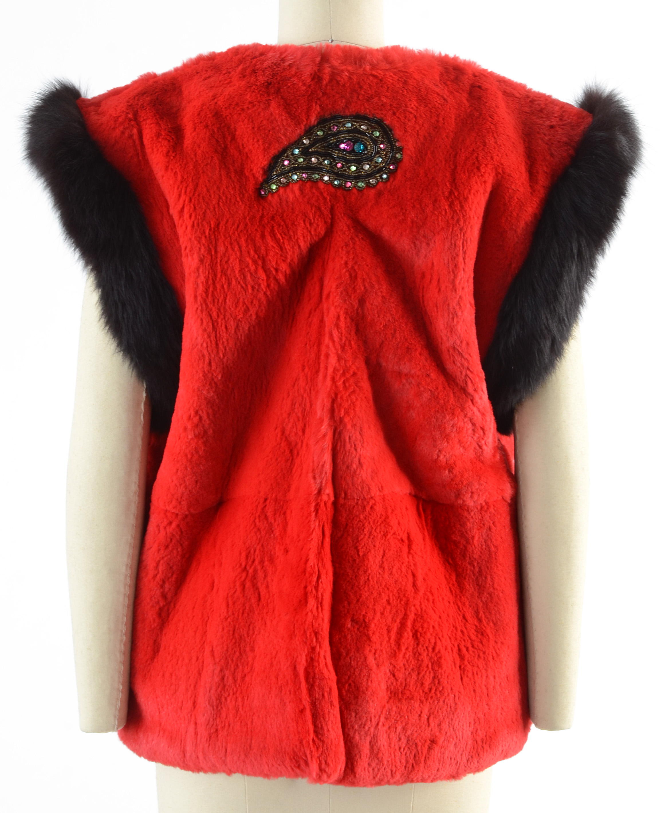 Adrienne Landau Dyed Red Rabbit Fur Open Front Vest Trimmed in Black Fox Fur and Embellished with Beaded Paisley