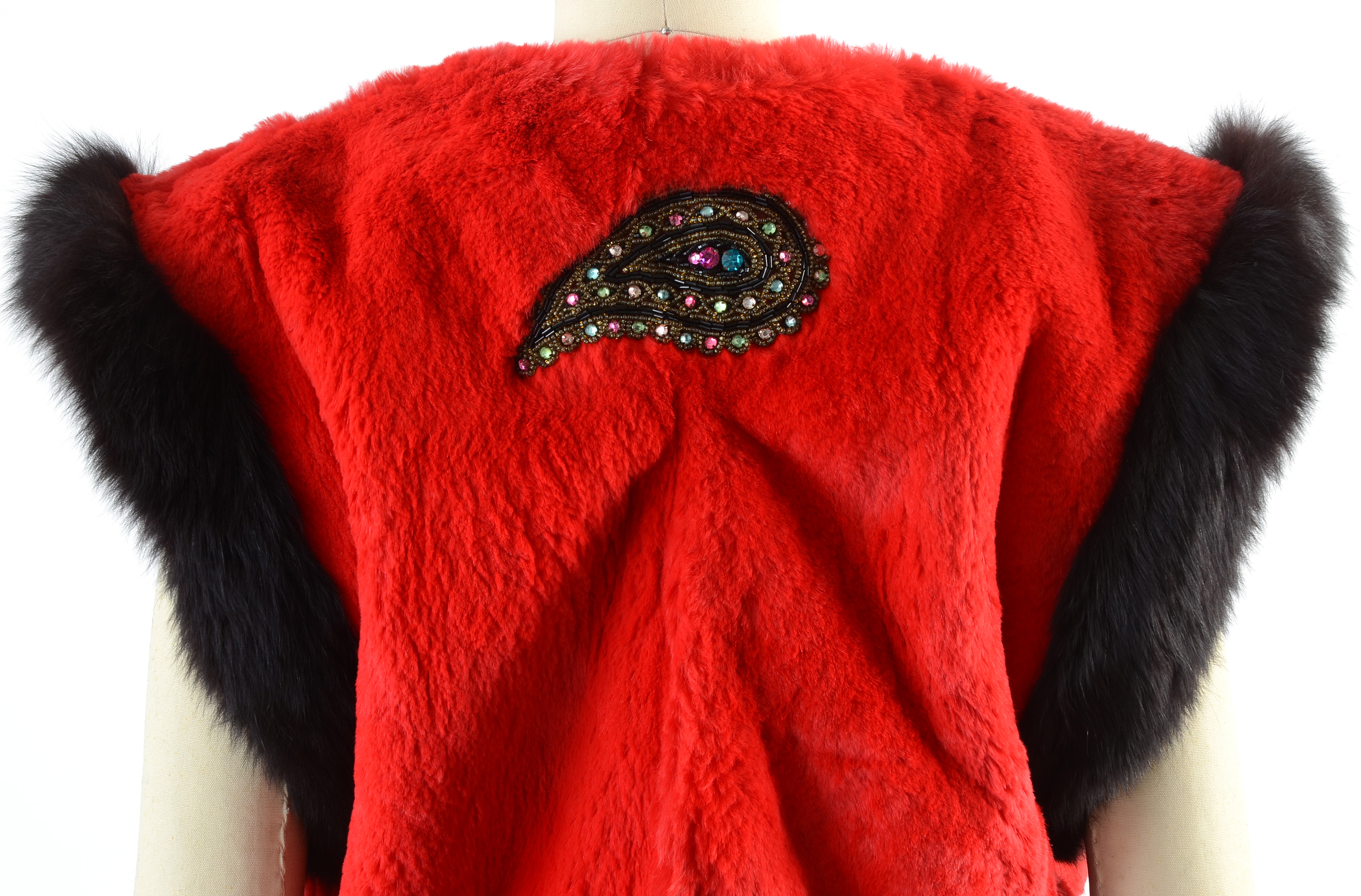 Adrienne Landau Dyed Red Rabbit Fur Open Front Vest Trimmed in Black Fox Fur and Embellished with Beaded Paisley