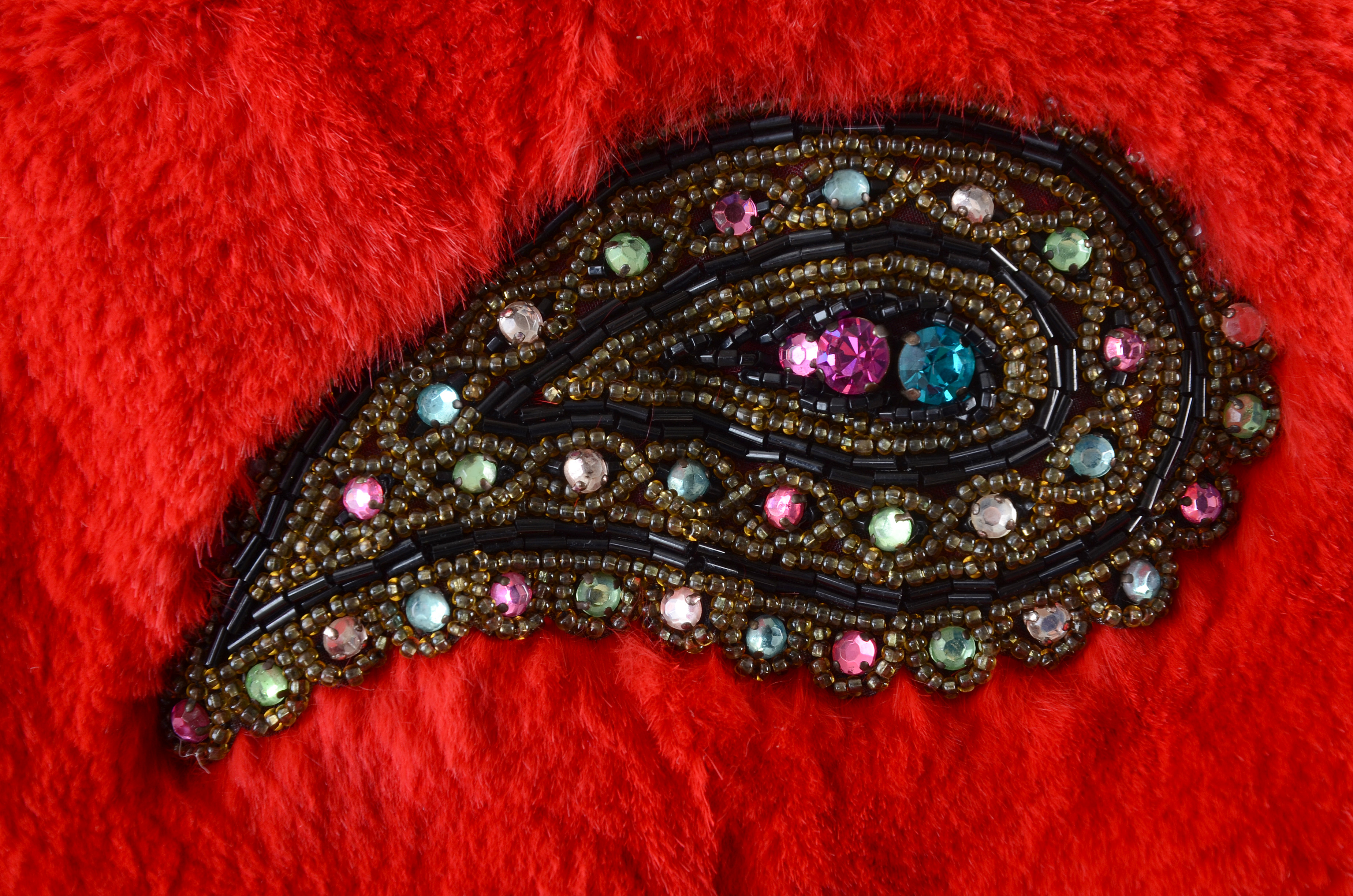 Adrienne Landau Dyed Red Rabbit Fur Open Front Vest Trimmed in Black Fox Fur and Embellished with Beaded Paisley