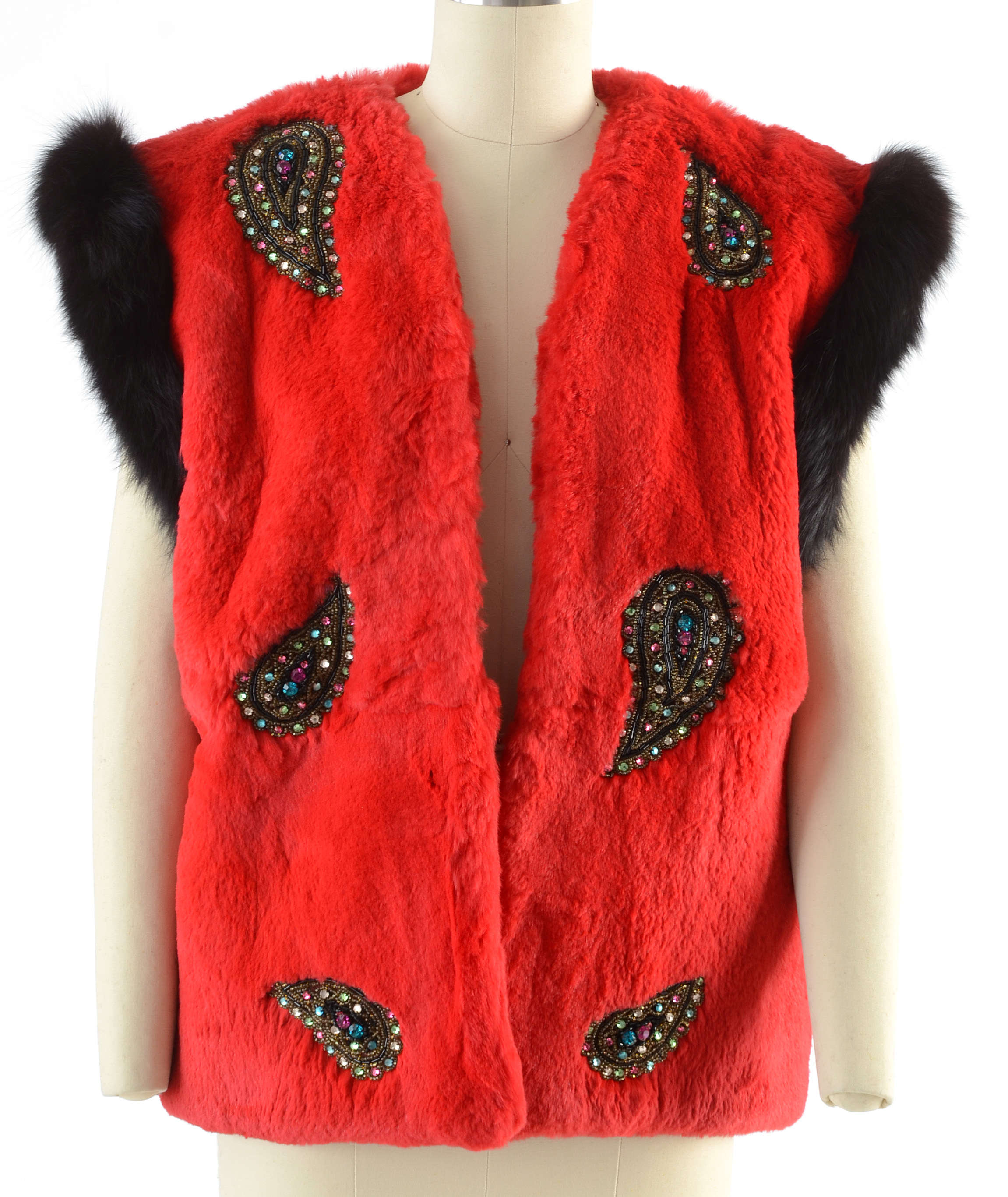 Adrienne Landau Dyed Red Rabbit Fur Open Front Vest Trimmed in Black Fox Fur and Embellished with Beaded Paisley