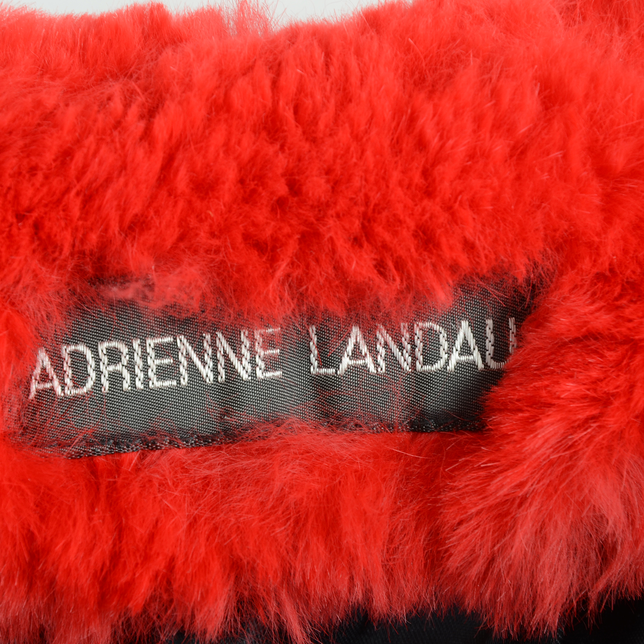 Adrienne Landau Dyed Red Rabbit Fur Open Front Vest Trimmed in Black Fox Fur and Embellished with Beaded Paisley
