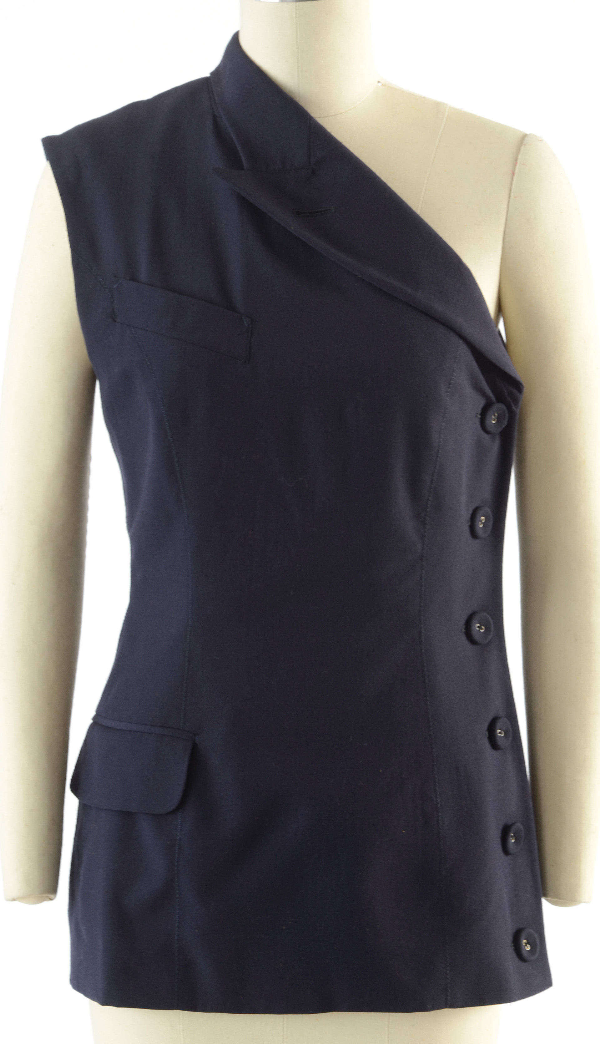 Jean Paul Gaultier Femme Navy Blue Gabardine Wool One-Shoulder Sleeveless Blazer with Side Buttons