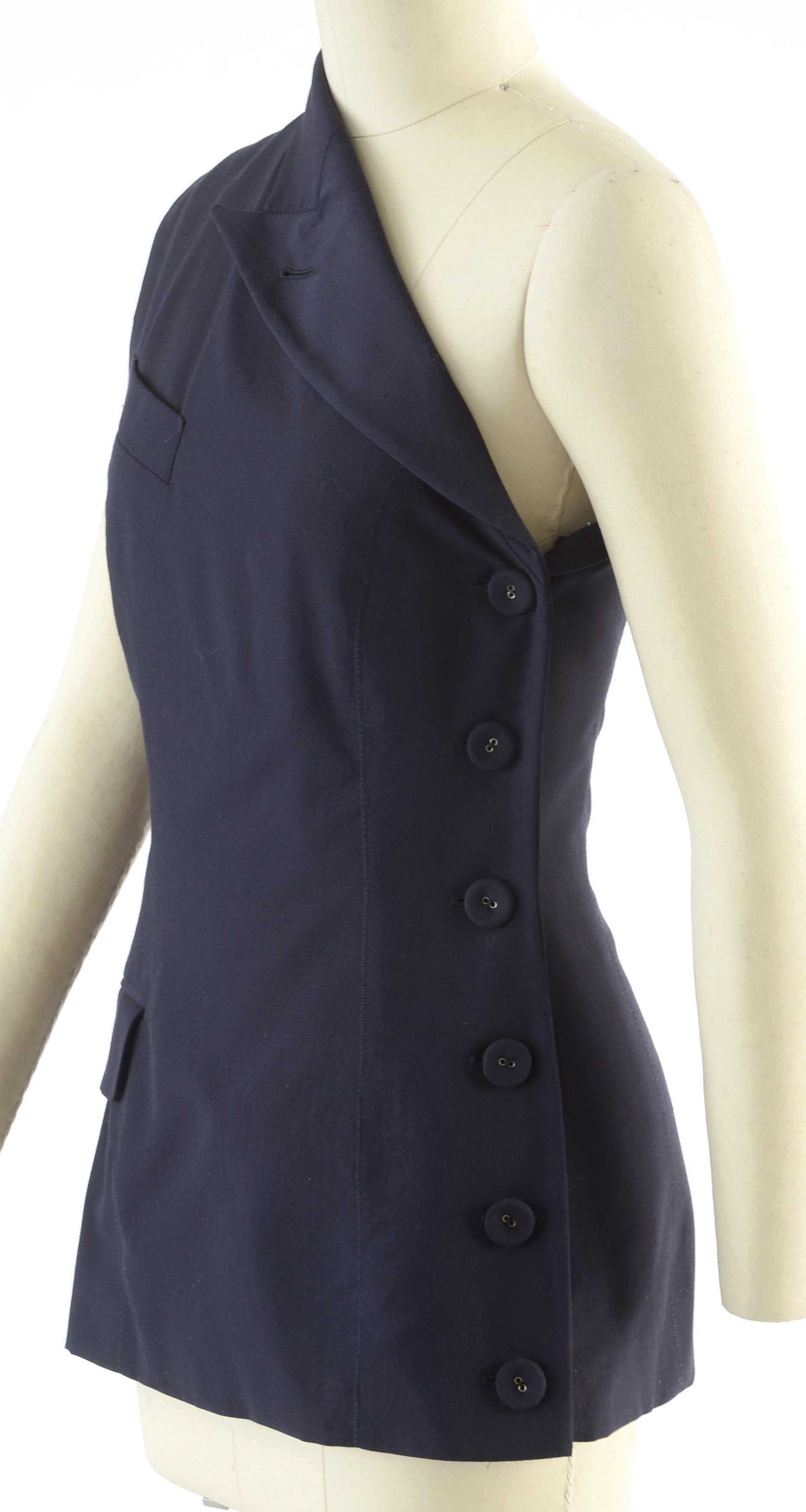 Jean Paul Gaultier Femme Navy Blue Gabardine Wool One-Shoulder Sleeveless Blazer with Side Buttons