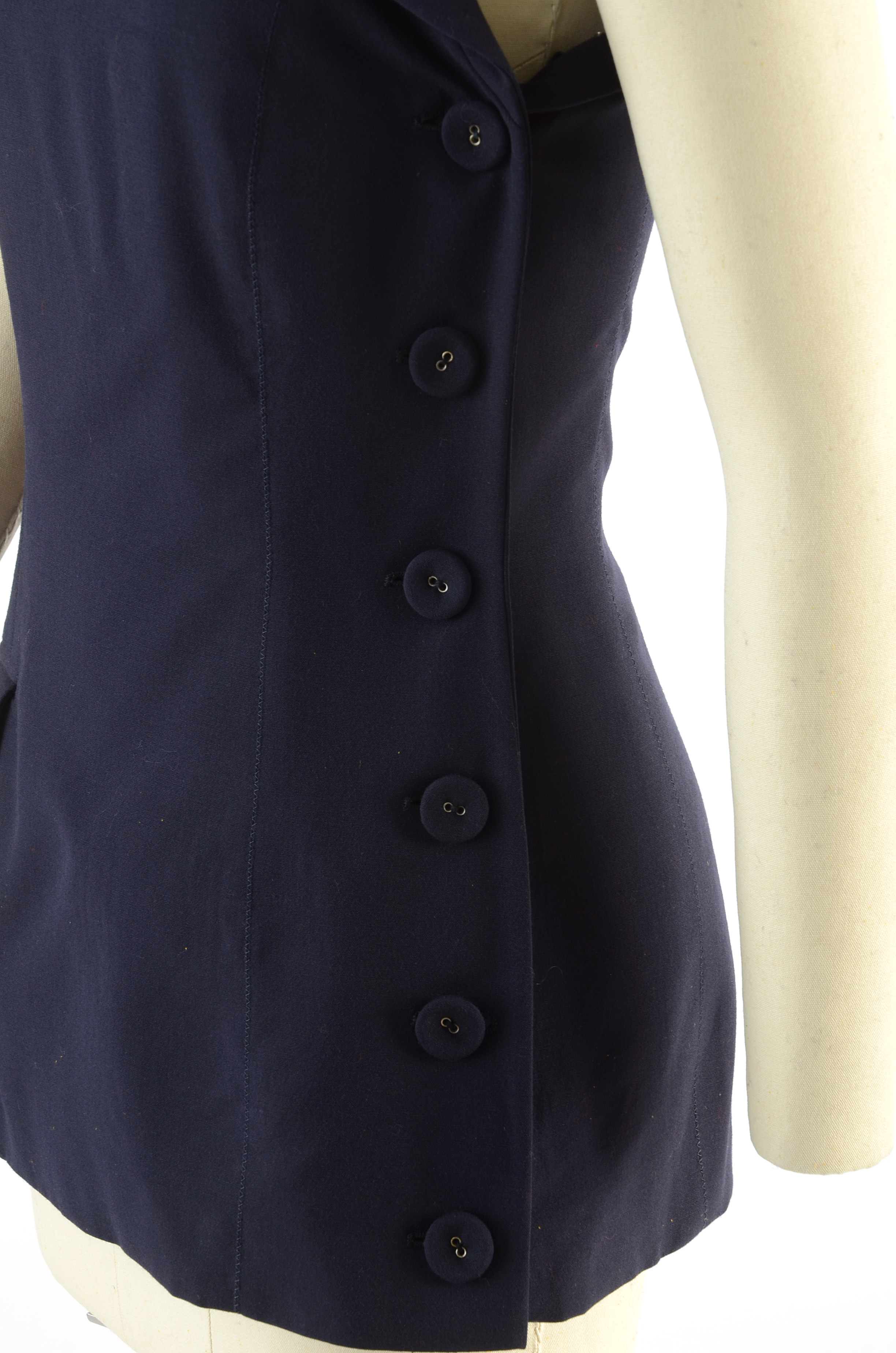 Jean Paul Gaultier Femme Navy Blue Gabardine Wool One-Shoulder Sleeveless Blazer with Side Buttons