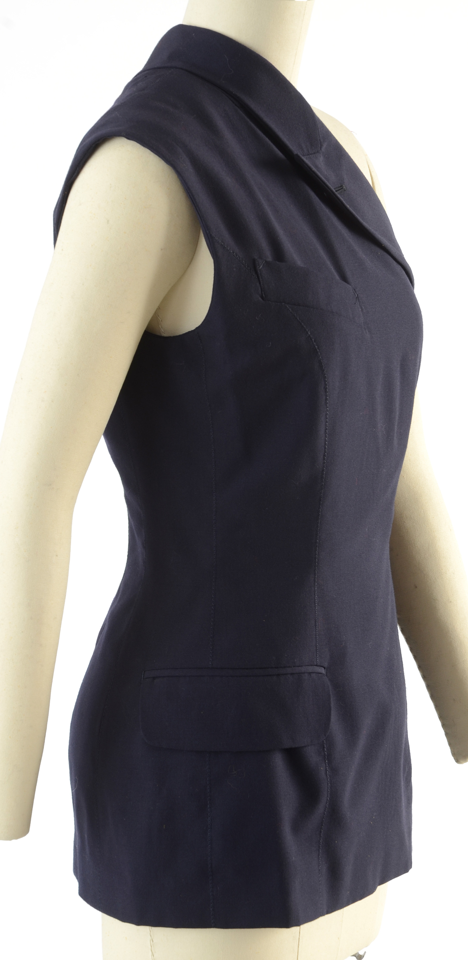 Jean Paul Gaultier Femme Navy Blue Gabardine Wool One-Shoulder Sleeveless Blazer with Side Buttons