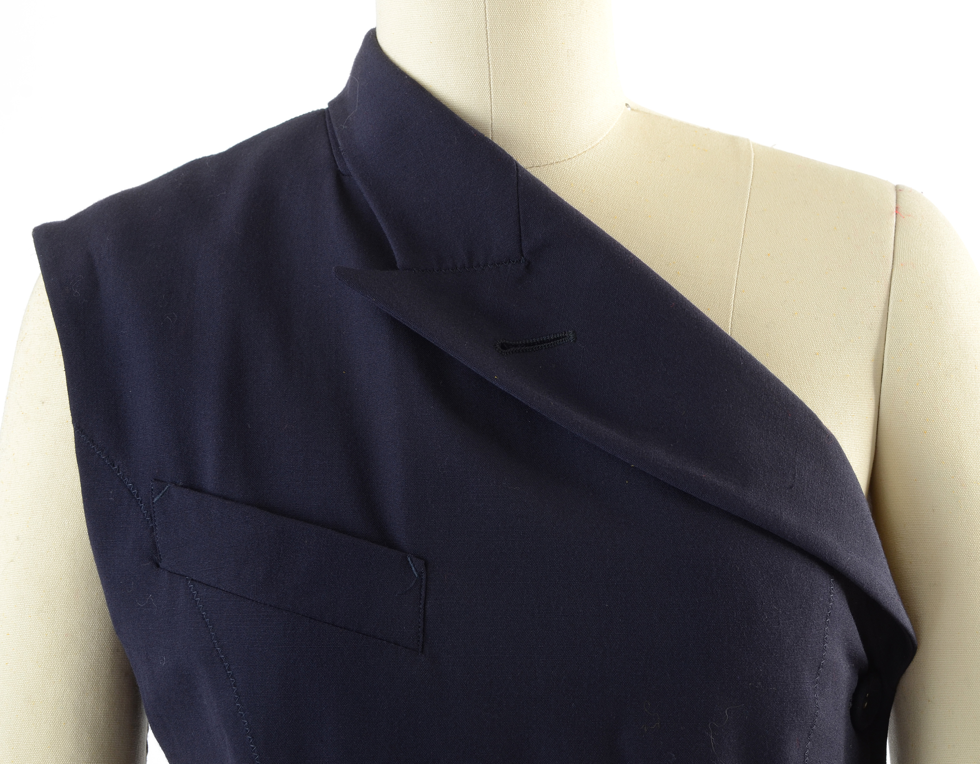 Jean Paul Gaultier Femme Navy Blue Gabardine Wool One-Shoulder Sleeveless Blazer with Side Buttons