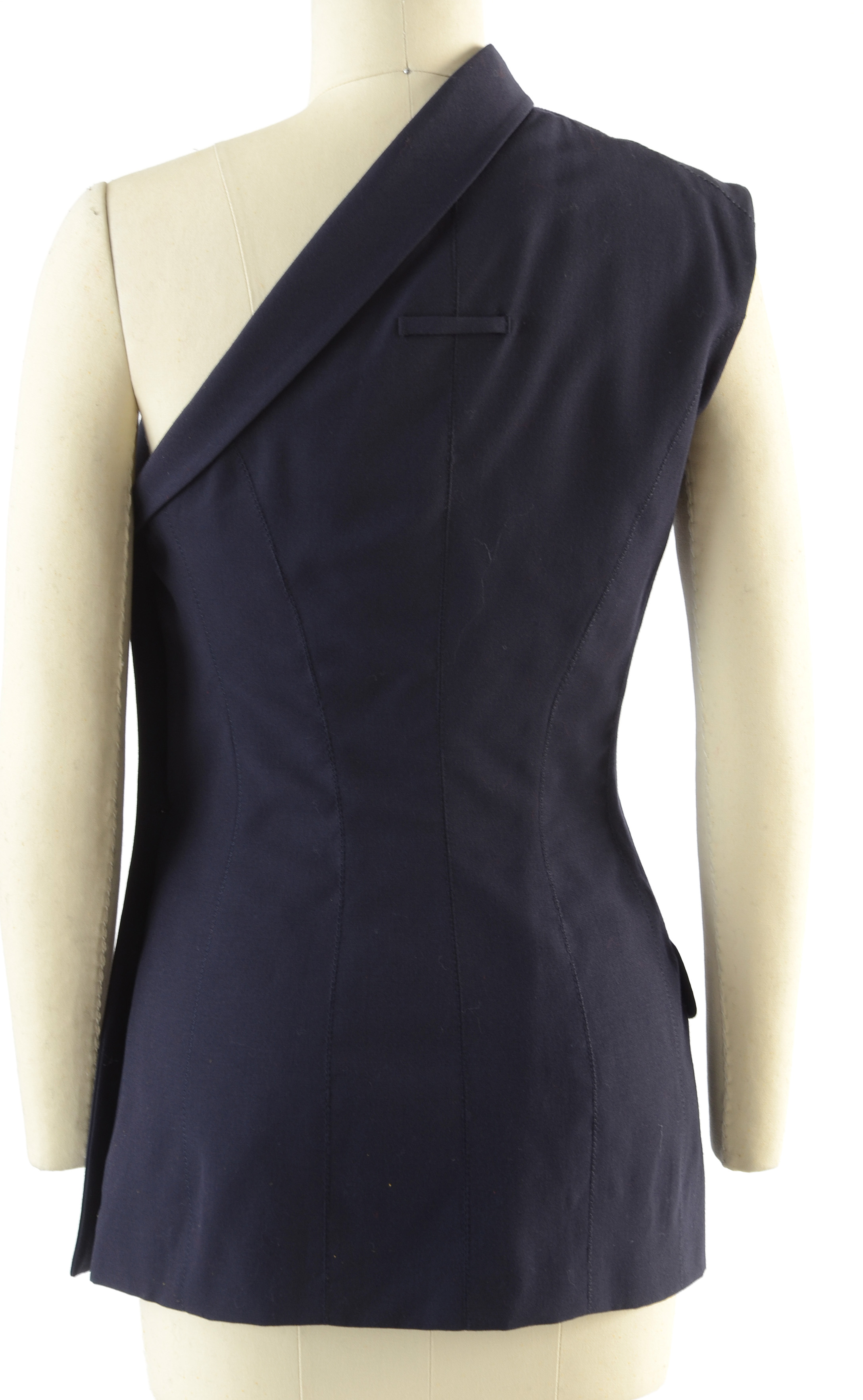 Jean Paul Gaultier Femme Navy Blue Gabardine Wool One-Shoulder Sleeveless Blazer with Side Buttons