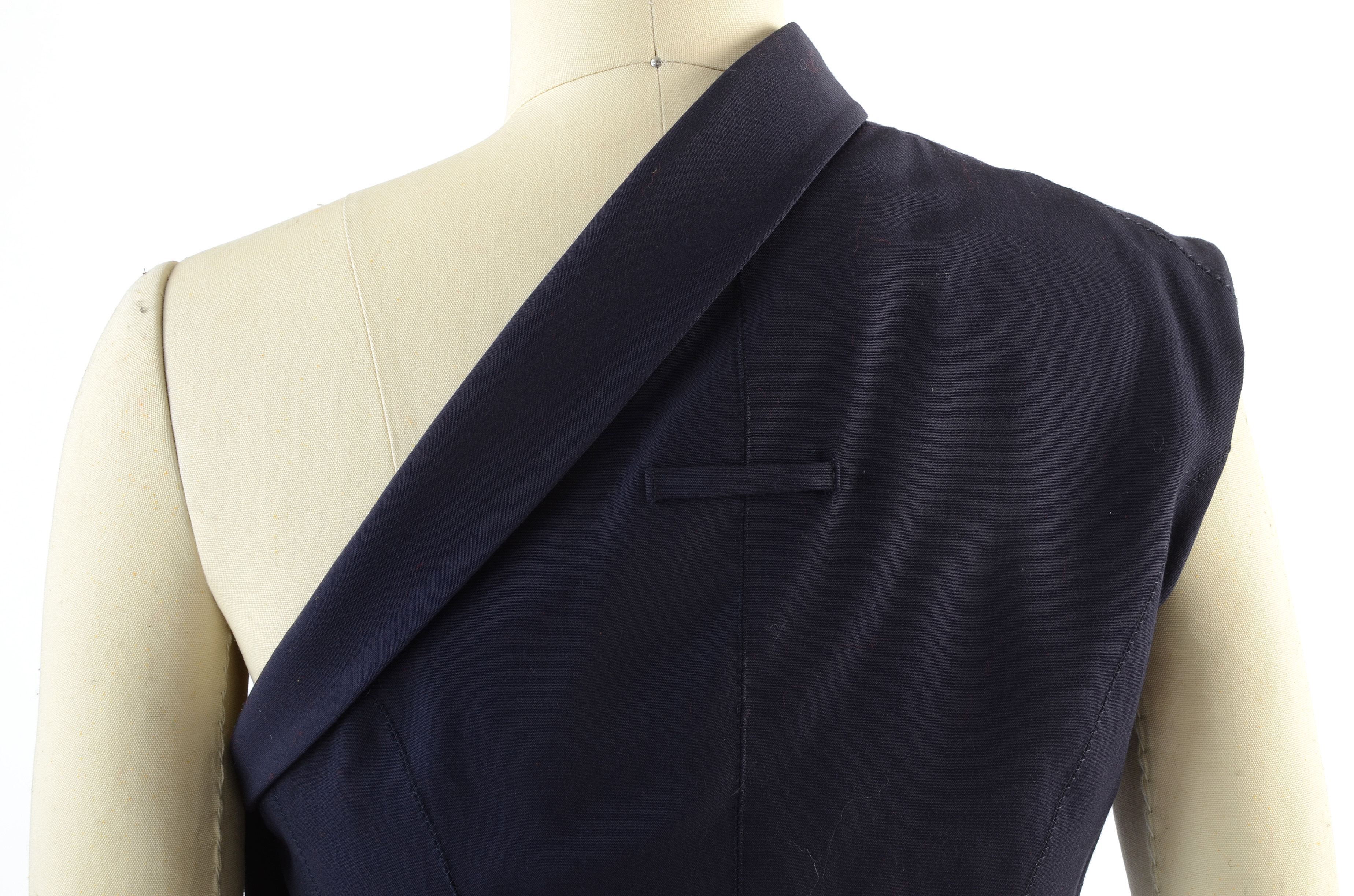 Jean Paul Gaultier Femme Navy Blue Gabardine Wool One-Shoulder Sleeveless Blazer with Side Buttons