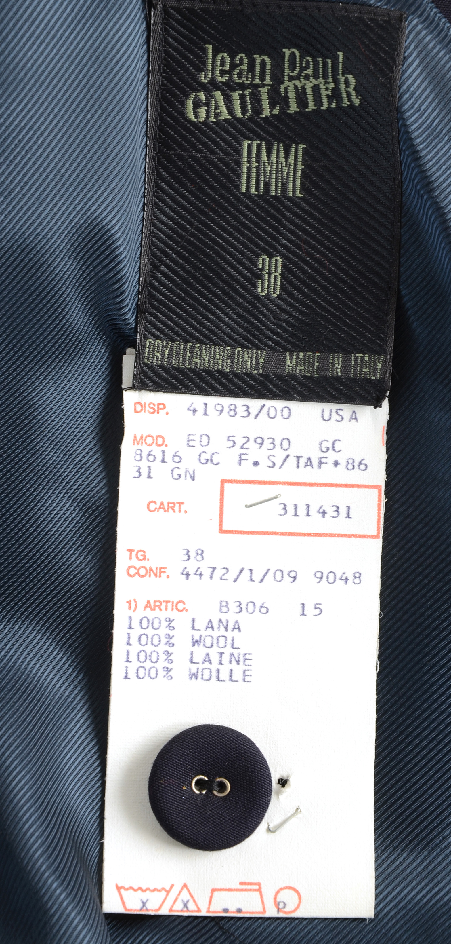 Jean Paul Gaultier Femme Navy Blue Gabardine Wool One-Shoulder Sleeveless Blazer with Side Buttons