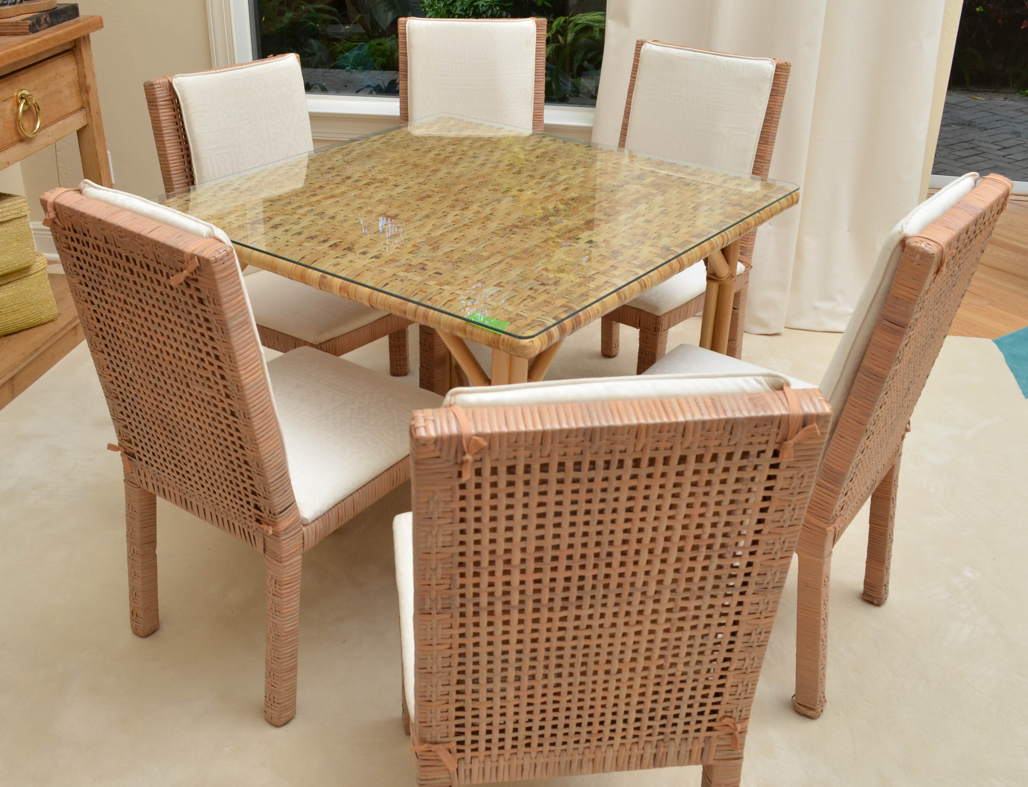 Glass Top Wicker Dining Table With Six Chairs