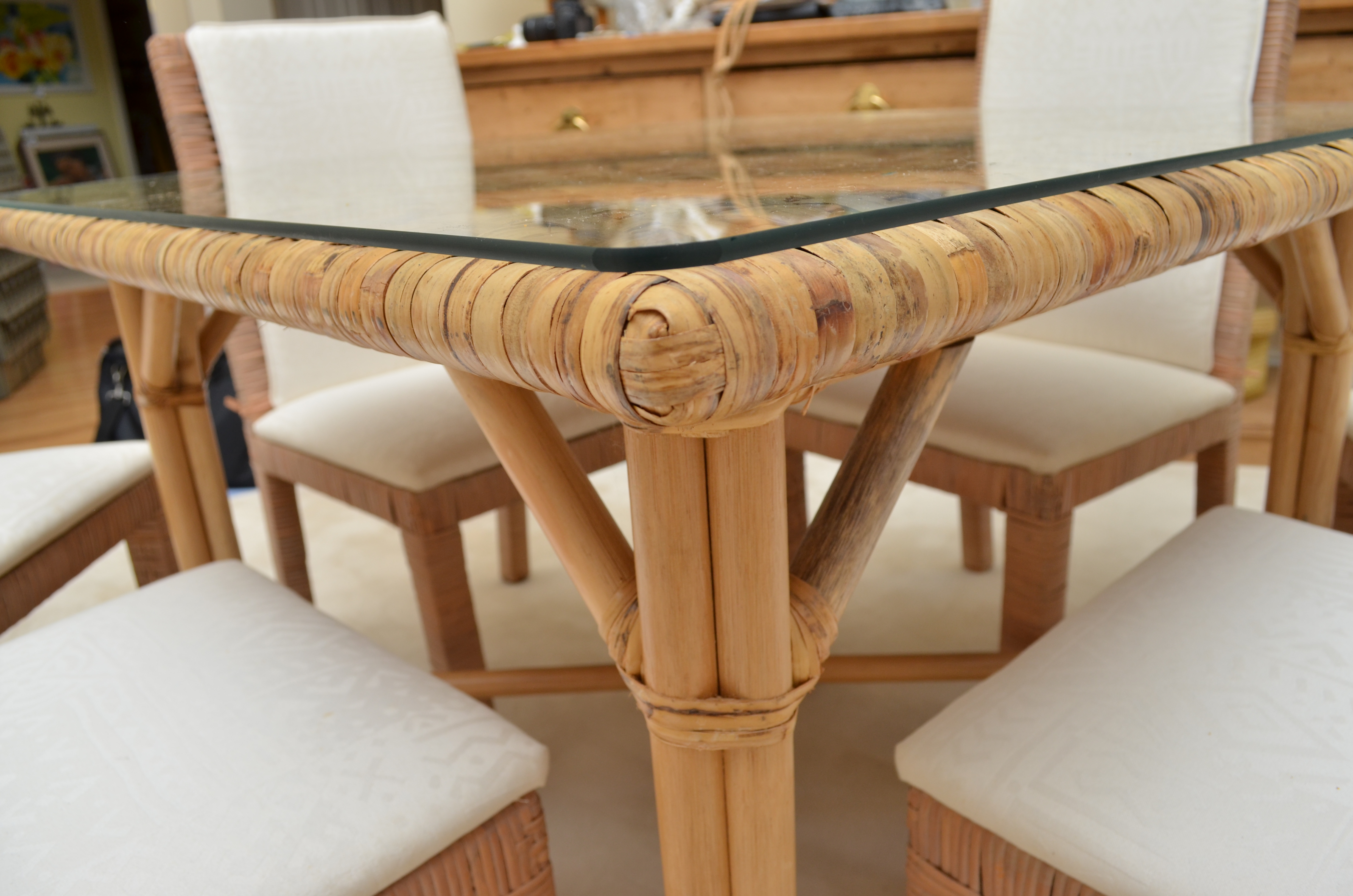 Glass Top Wicker Dining Table With Six Chairs