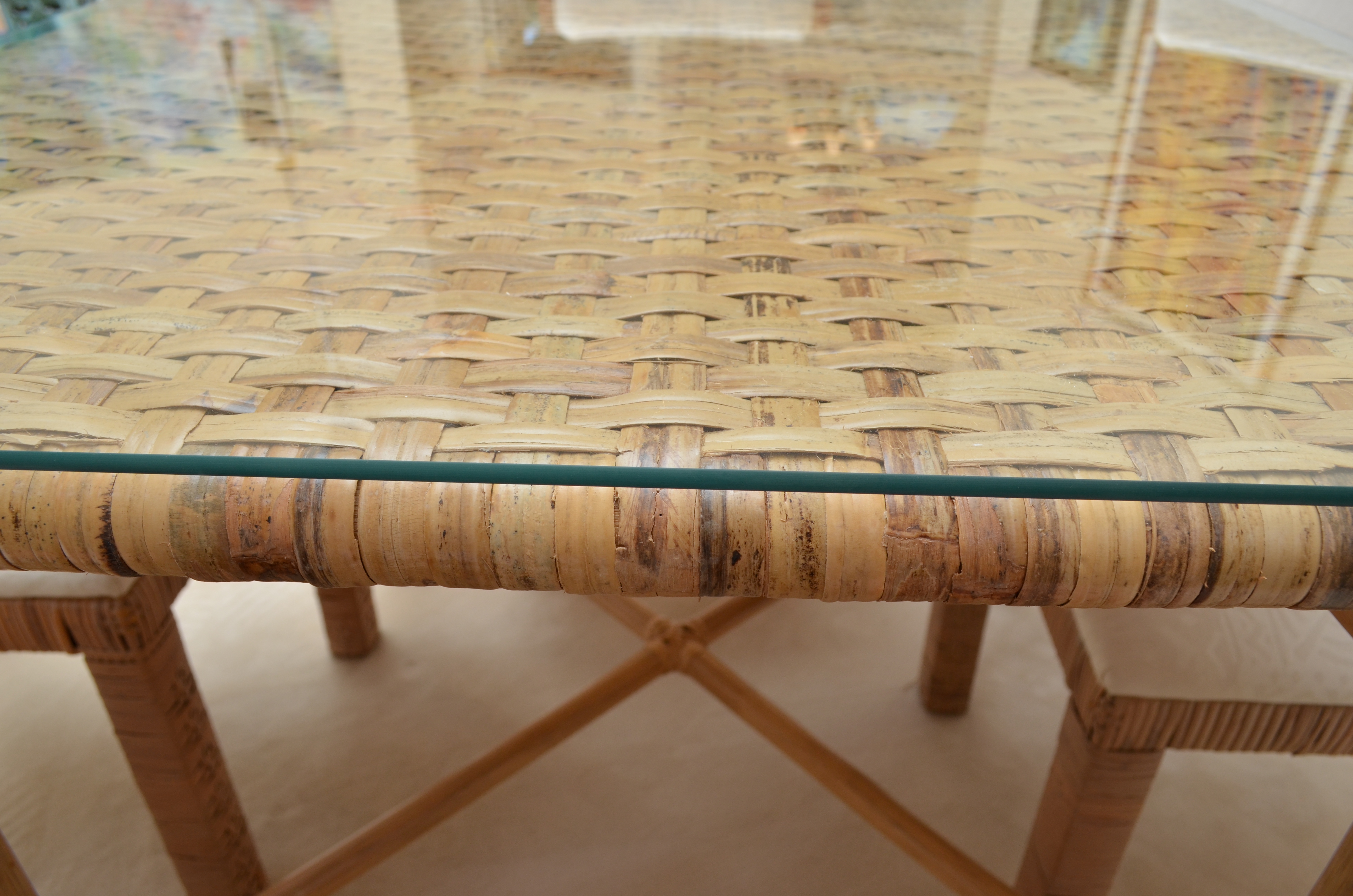 Glass Top Wicker Dining Table With Six Chairs