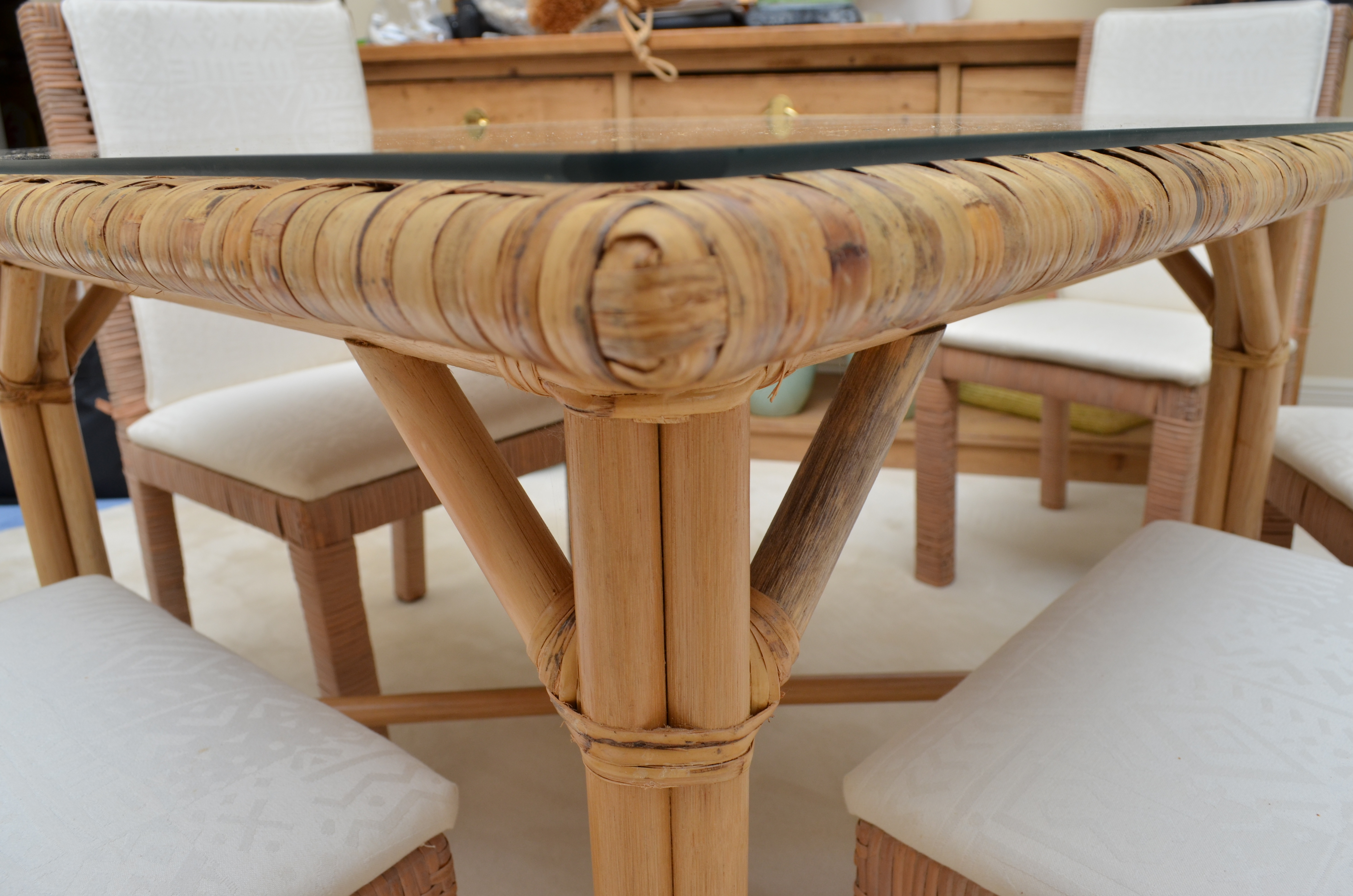 Glass Top Wicker Dining Table With Six Chairs