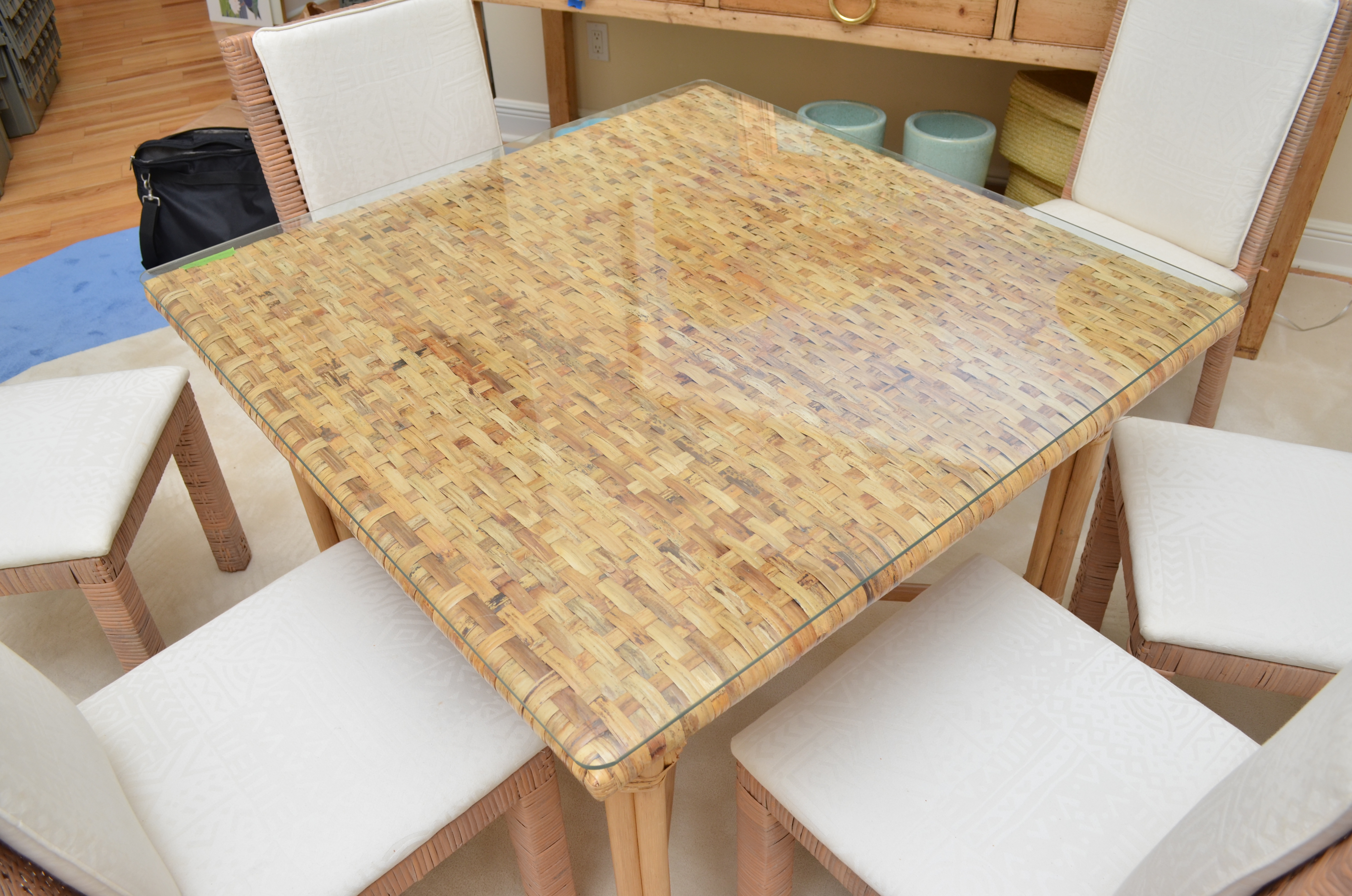 Glass Top Wicker Dining Table With Six Chairs