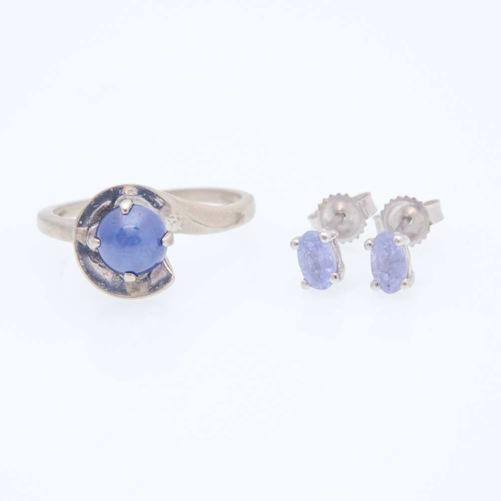 10K White Gold Synthetic Sapphire Ring with 10K Tanzanite Earrings