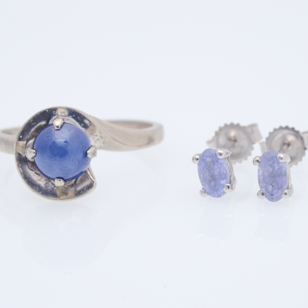 10K White Gold Synthetic Sapphire Ring with 10K Tanzanite Earrings