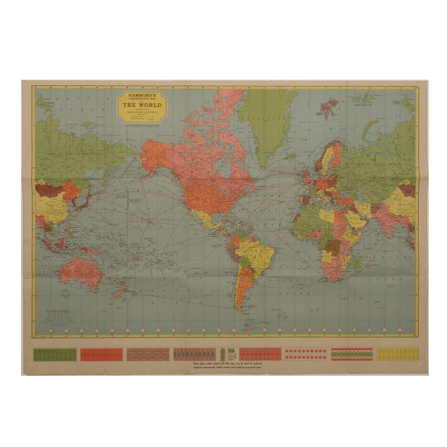 Large Original Vintage WWII "Hammond's Comprehensive Map of the World"