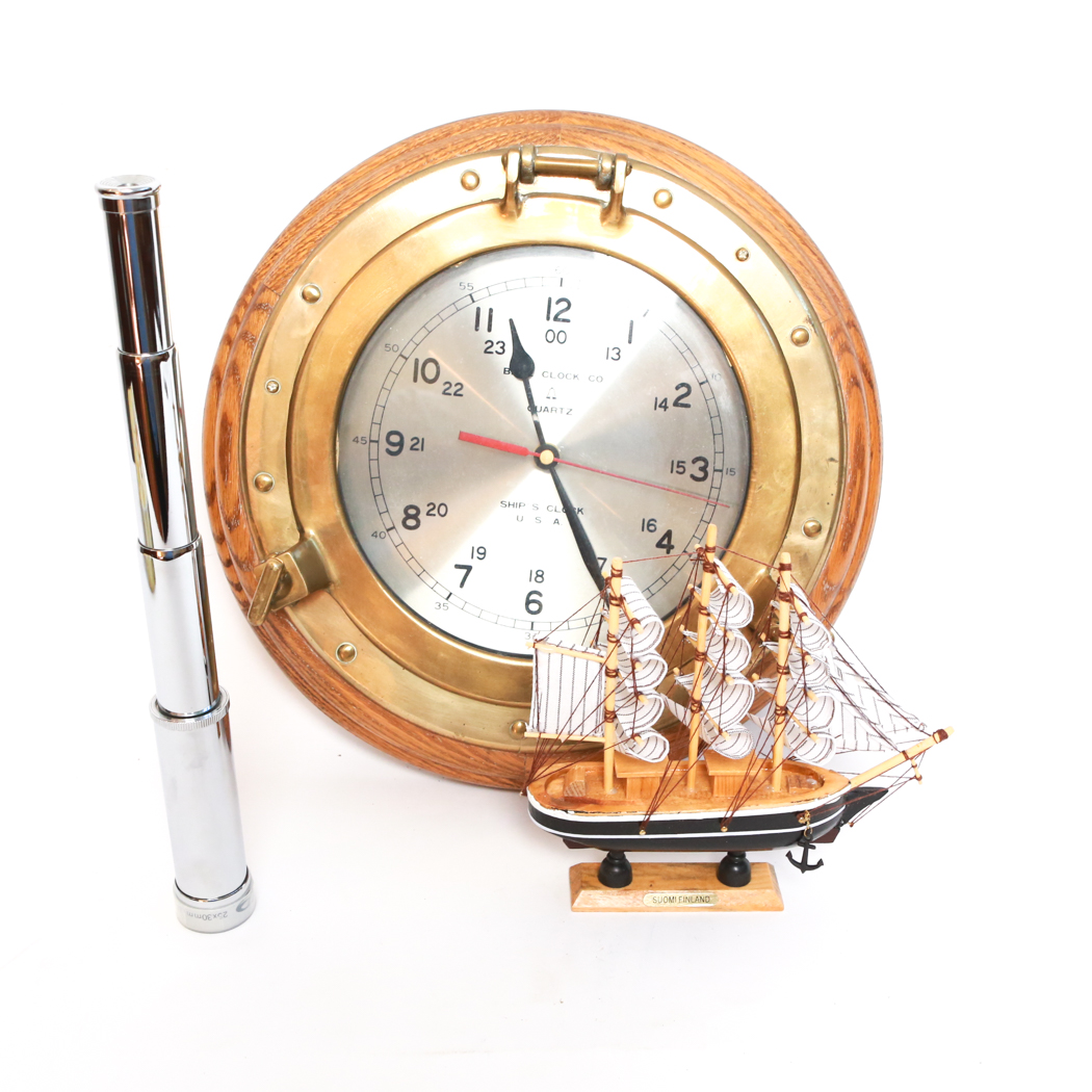 Bell Clock Quartz Ship's Clock With Hand Crafted Sail Ship EBTH