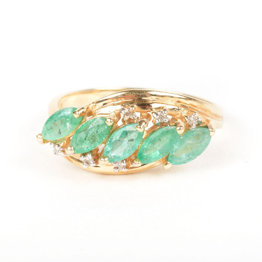14K Yellow Gold Marquise Cut Emerald and Diamond Ring