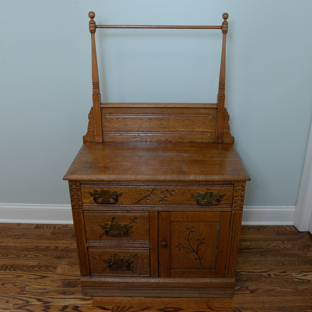 Eastlake Oak Washstand With Towel Bar