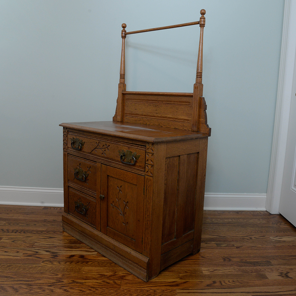Eastlake Oak Washstand With Towel Bar