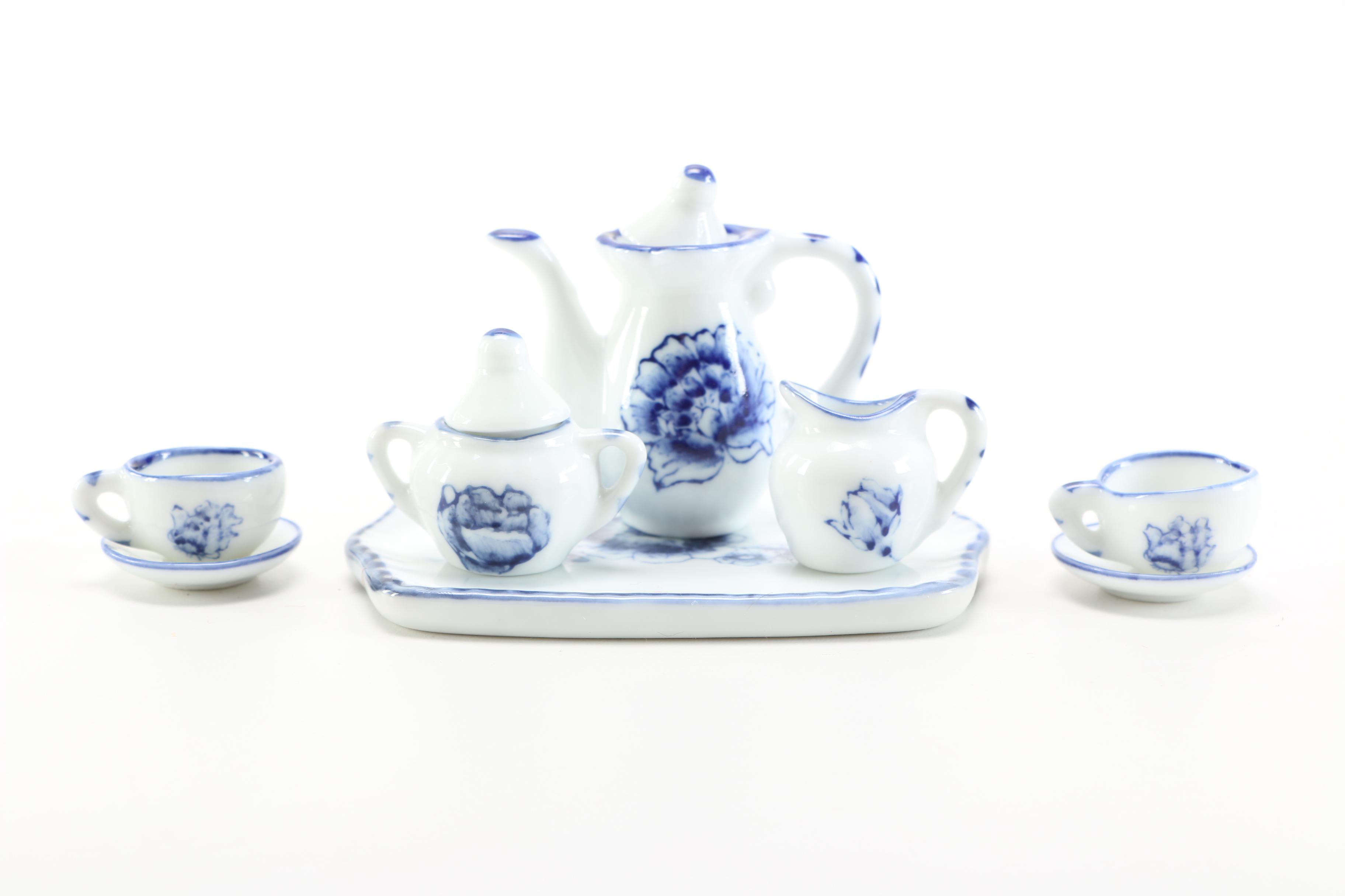 Vintage Plush Toys With Blue and White Tea Set