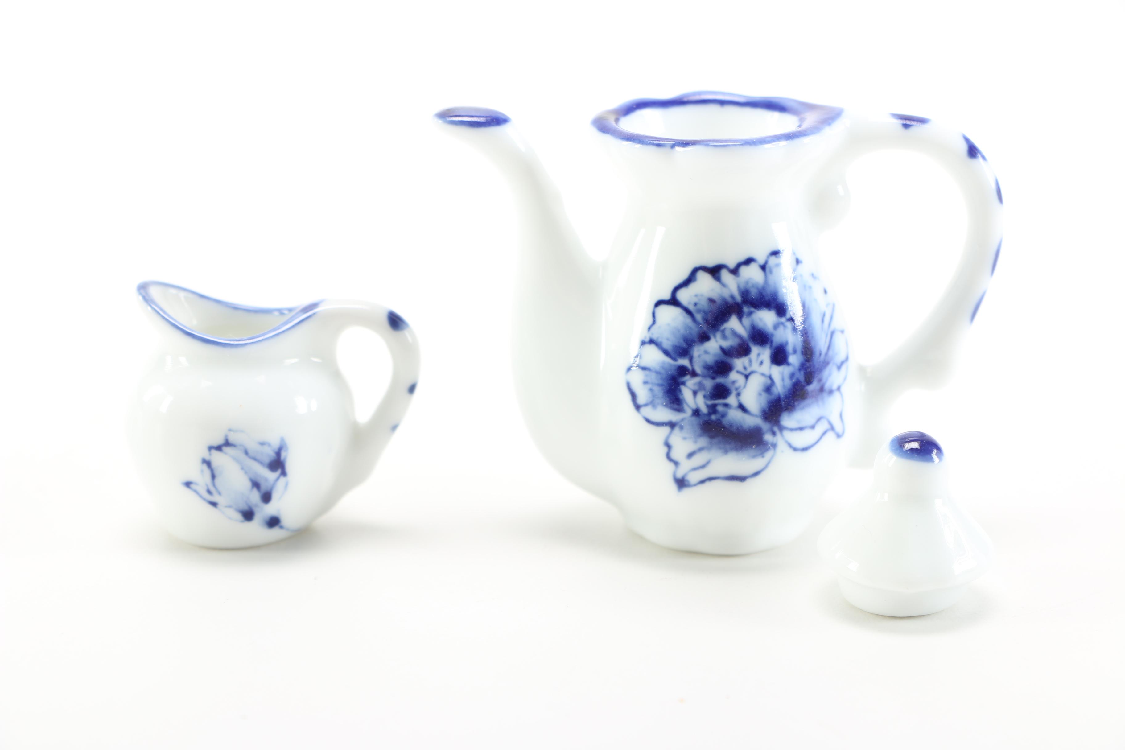 Vintage Plush Toys With Blue and White Tea Set