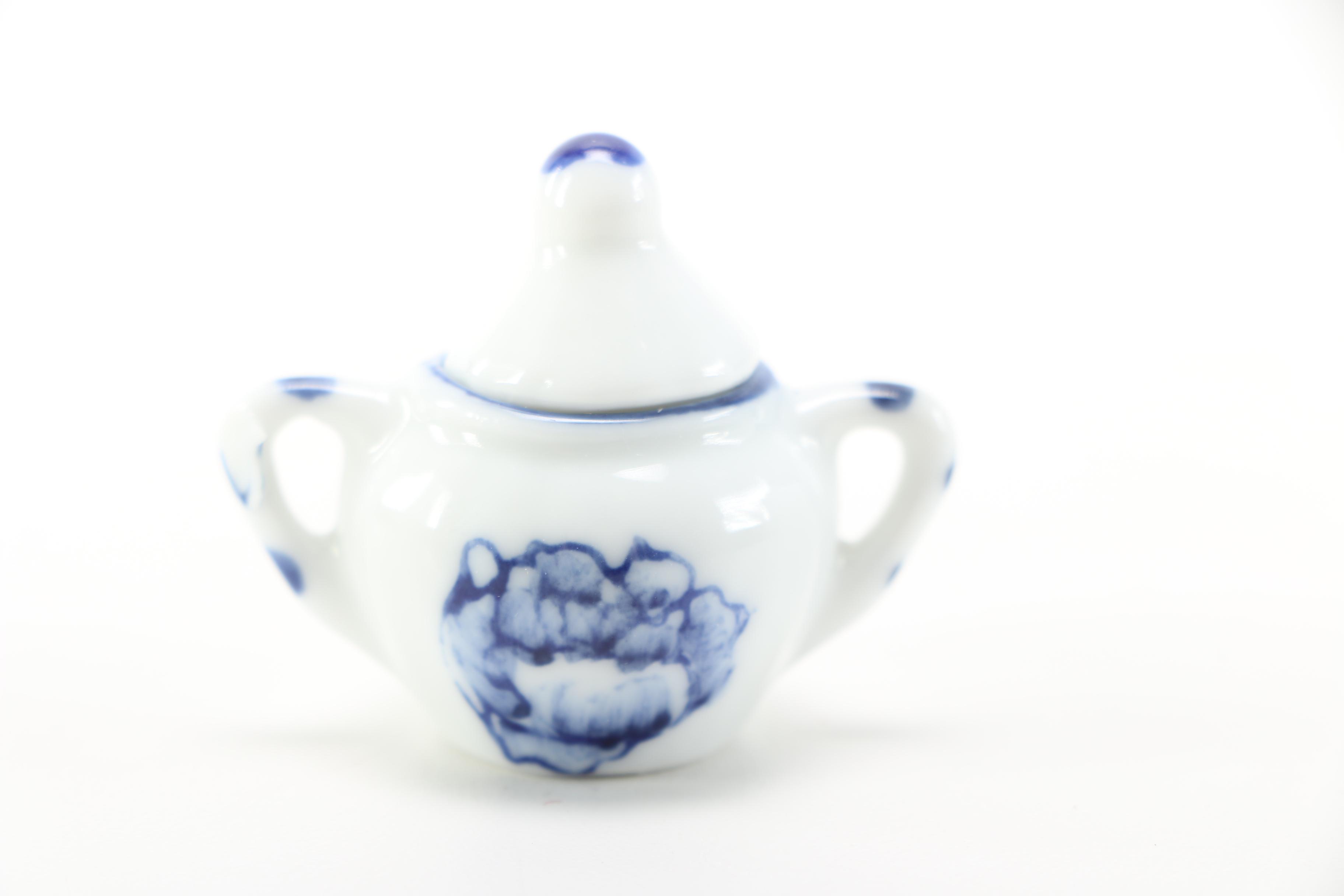 Vintage Plush Toys With Blue and White Tea Set