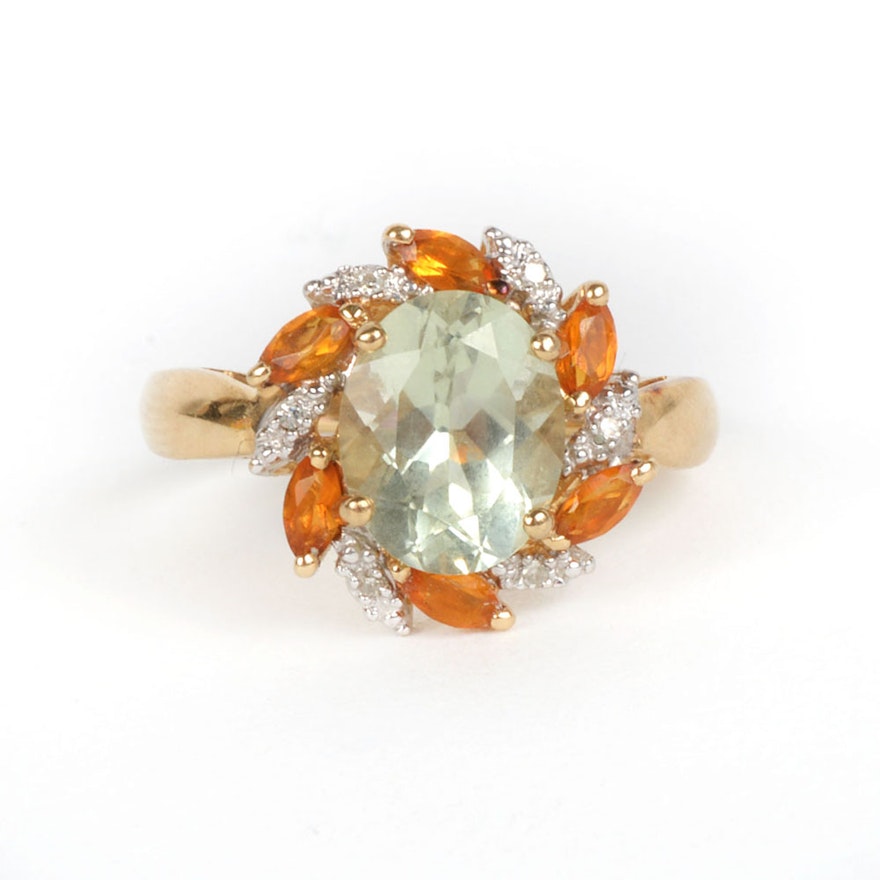 10K Apophyllite Floral Ring with Citrine and Diamond Halo