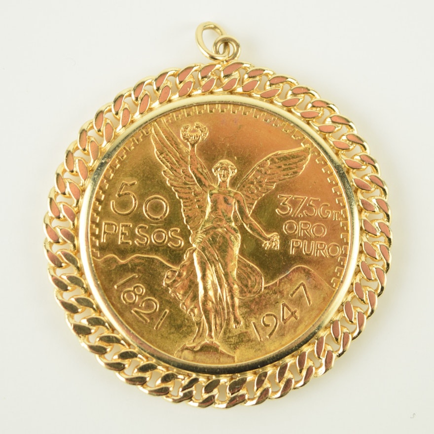 22K Yellow Gold Mexican 50 Peso Coin Pendant in 14K Gold Setting