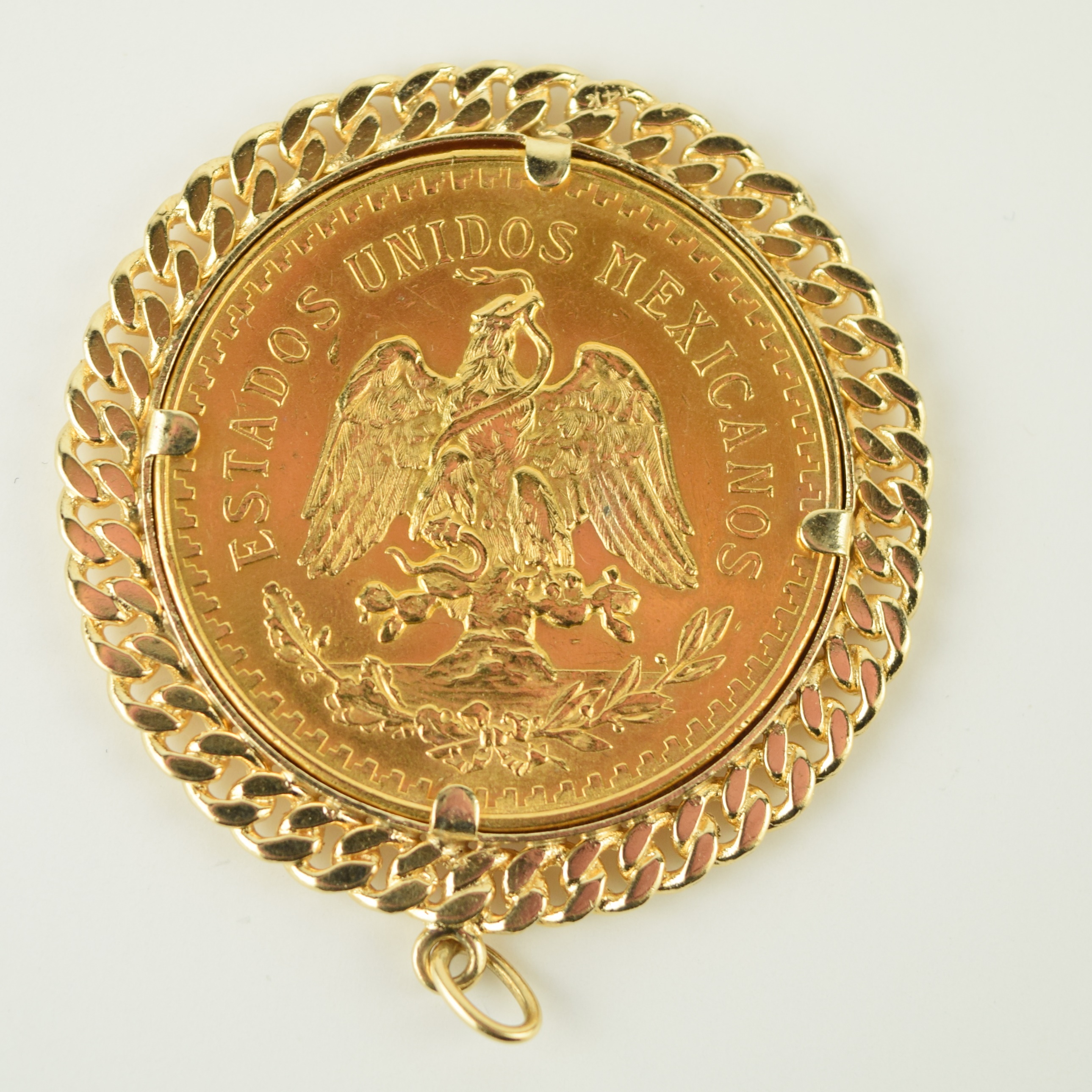 22K Yellow Gold Mexican 50 Peso Coin Pendant in 14K Gold Setting