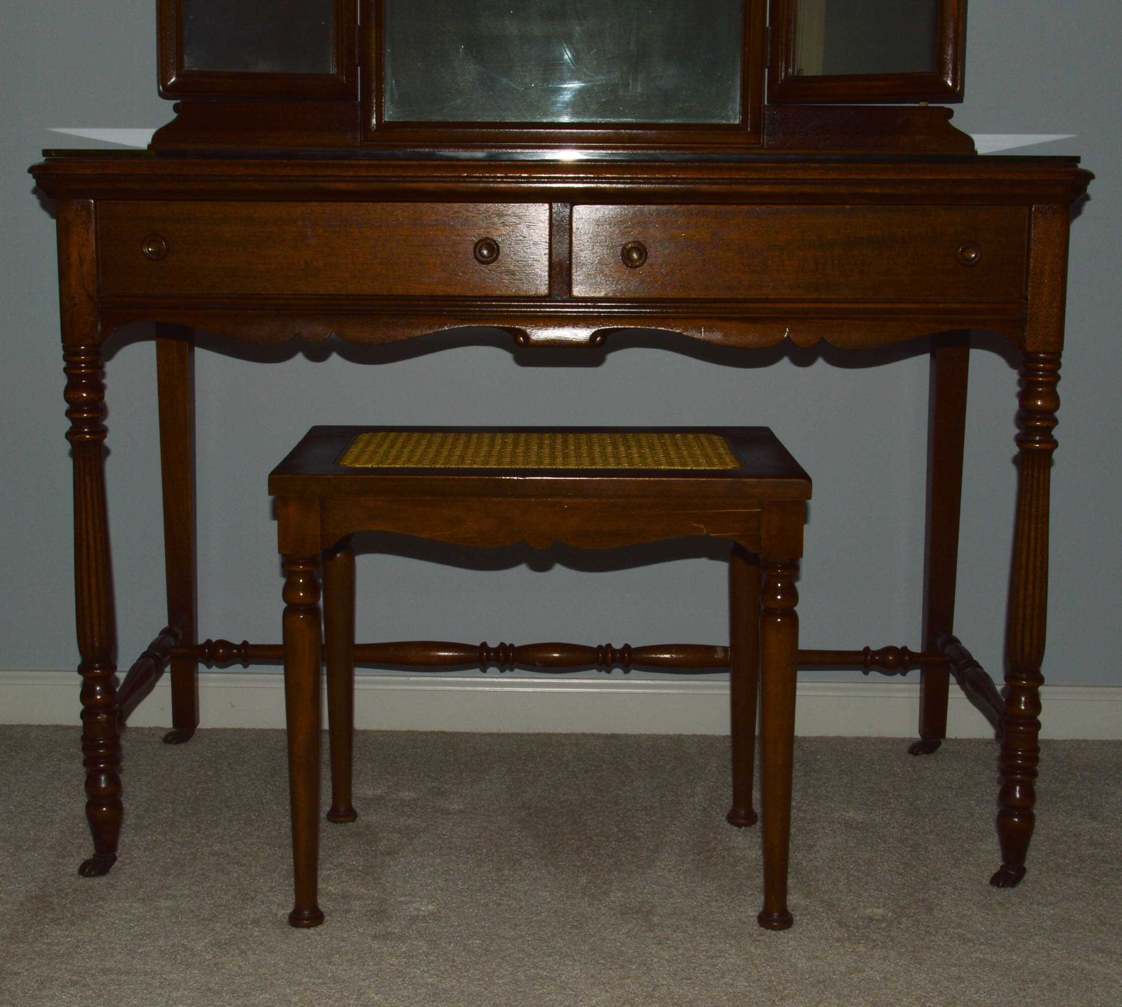 Vintage Wood Vanity with Mirror and Cane Bench