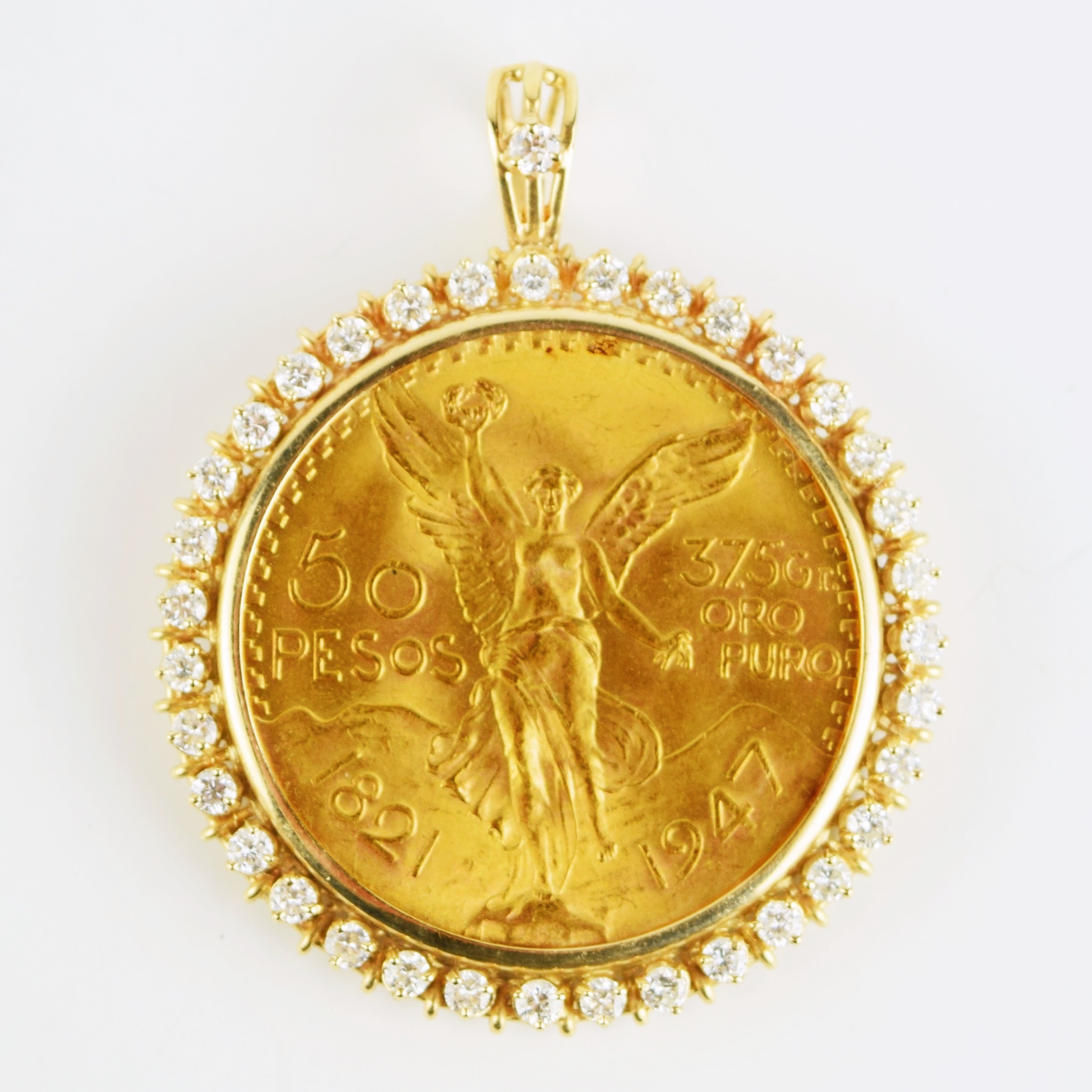 22K Gold 1821-1947 Mexican 50 Peso Pendant with Diamonds