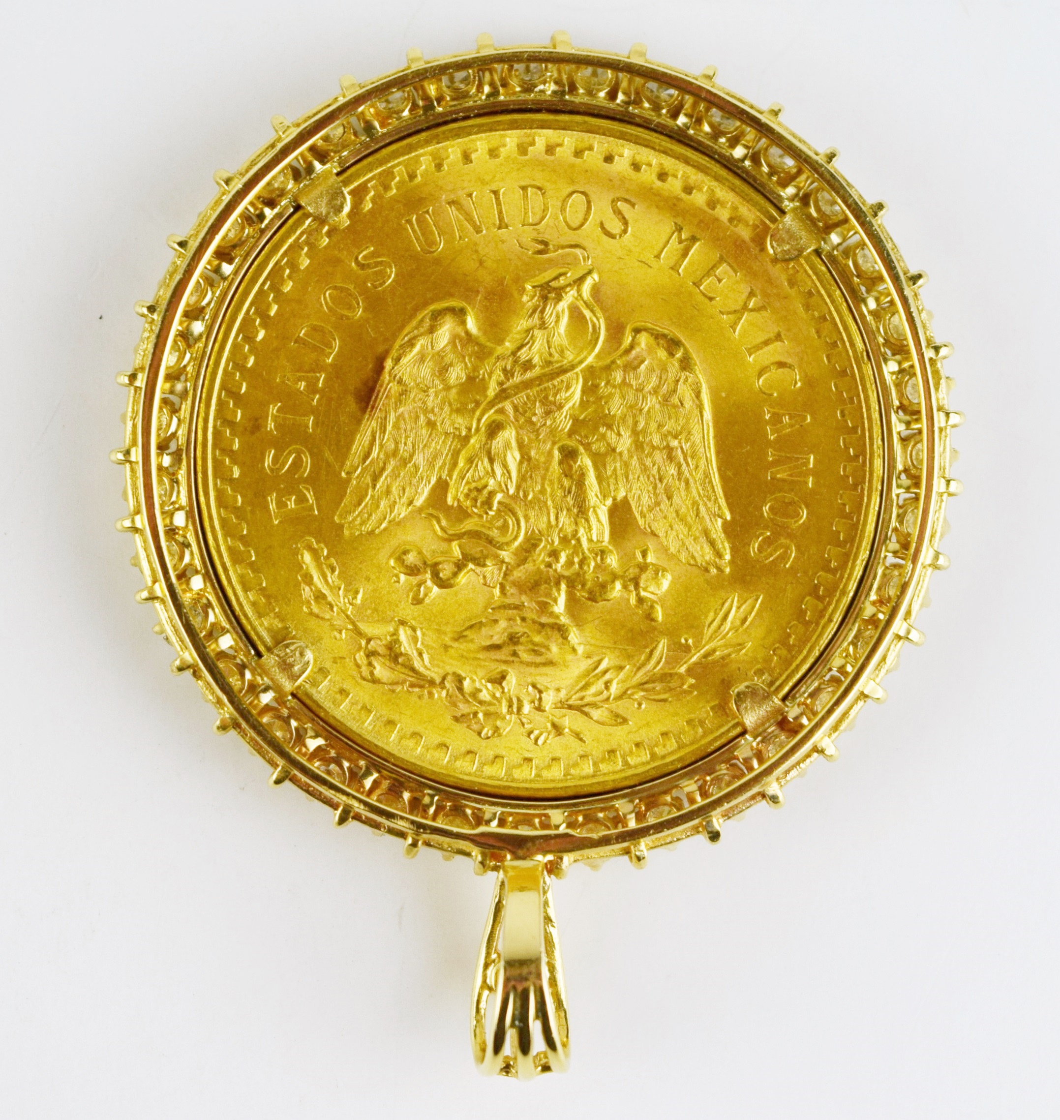 22K Gold 1821-1947 Mexican 50 Peso Pendant with Diamonds