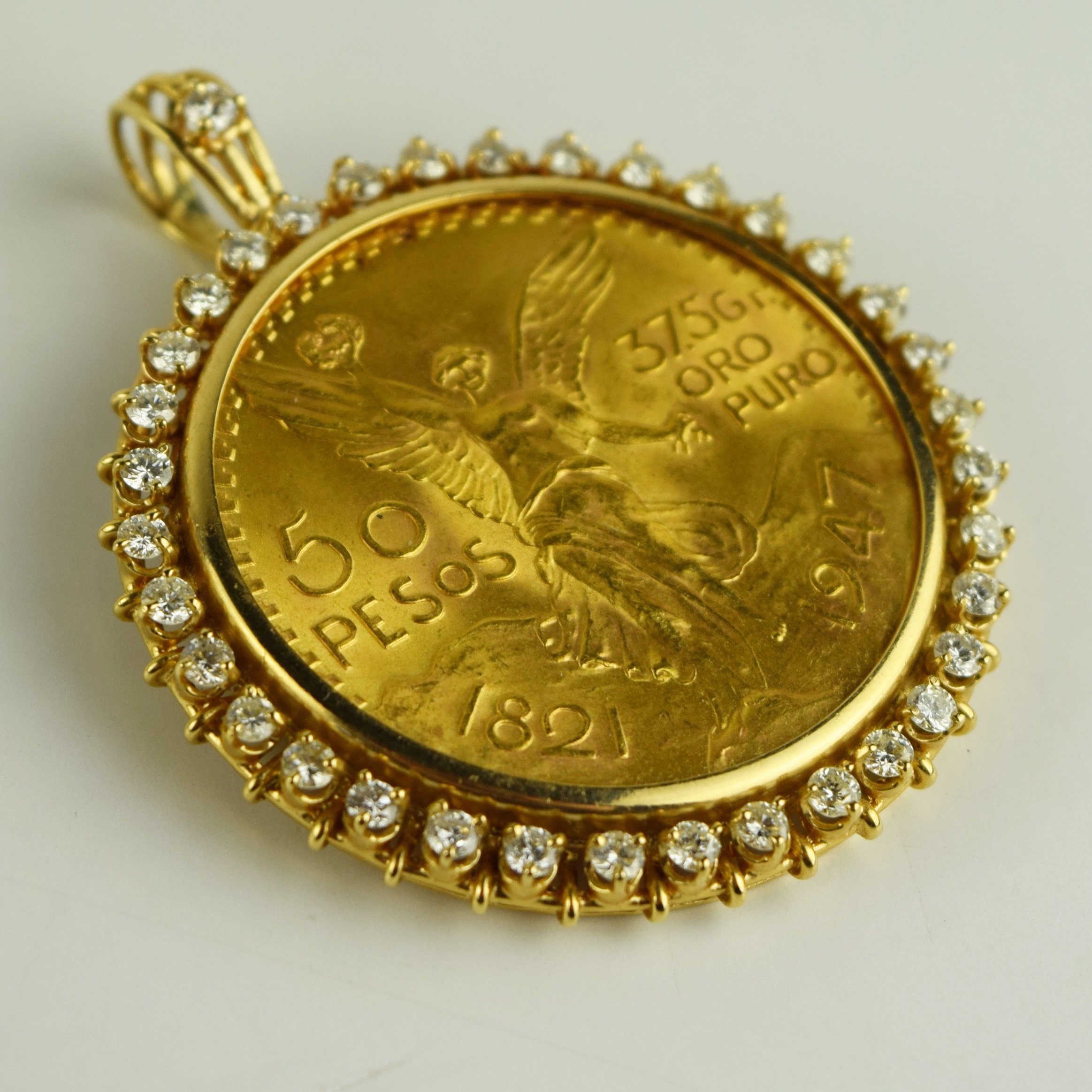 22K Gold 1821-1947 Mexican 50 Peso Pendant with Diamonds