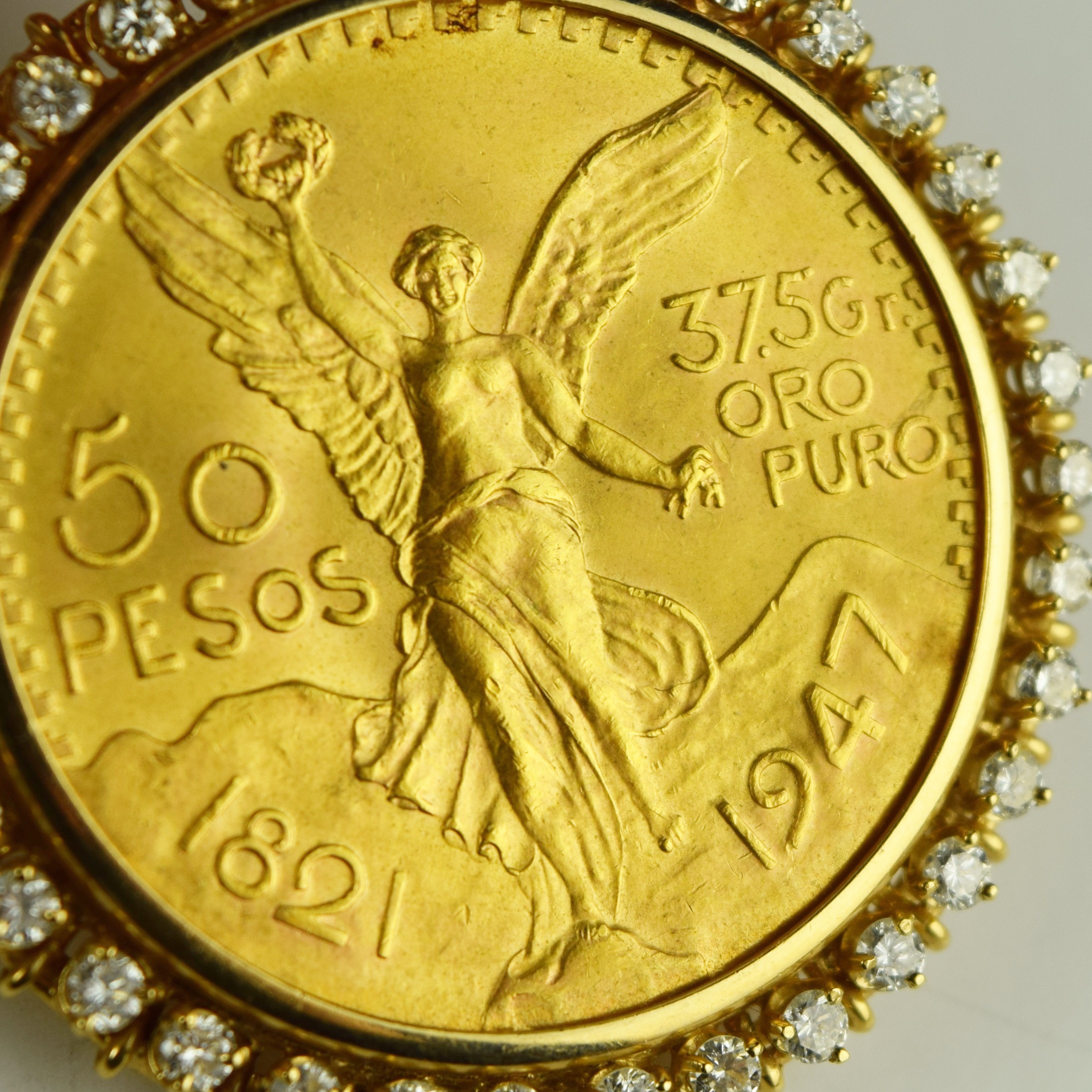 22K Gold 1821-1947 Mexican 50 Peso Pendant with Diamonds