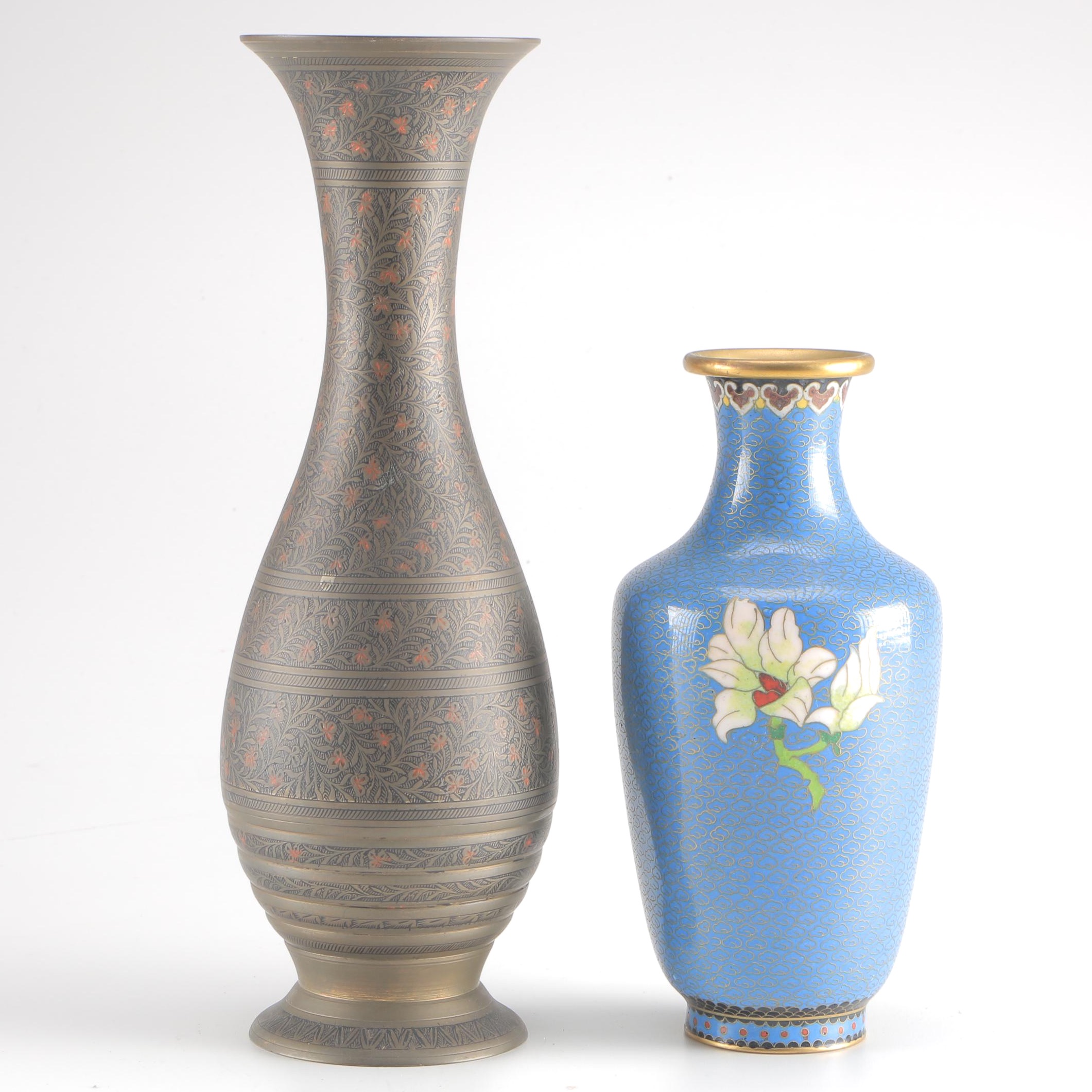 Vases Featuring Etched Brass and Cloisonné