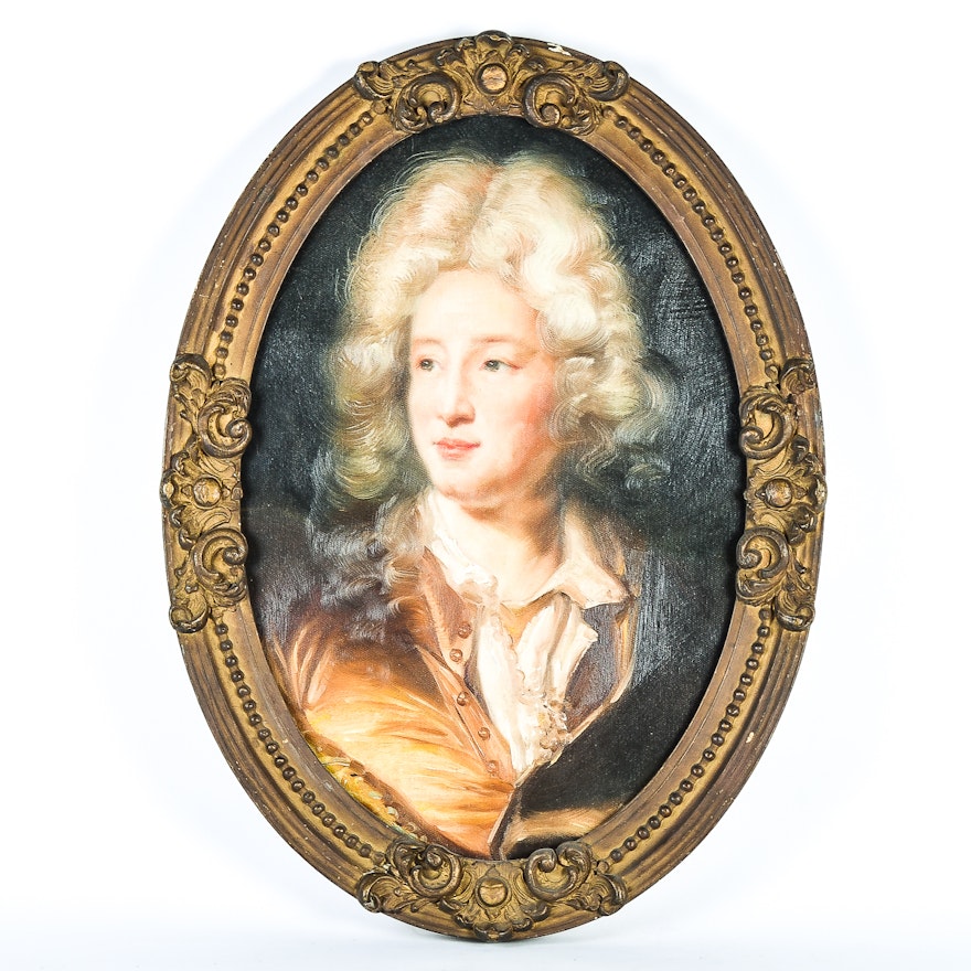 Rococo Style Original Oil Portrait in Oval Frame