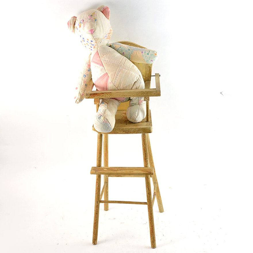 Vintage Doll High Chair with Quilt Teddy Bear