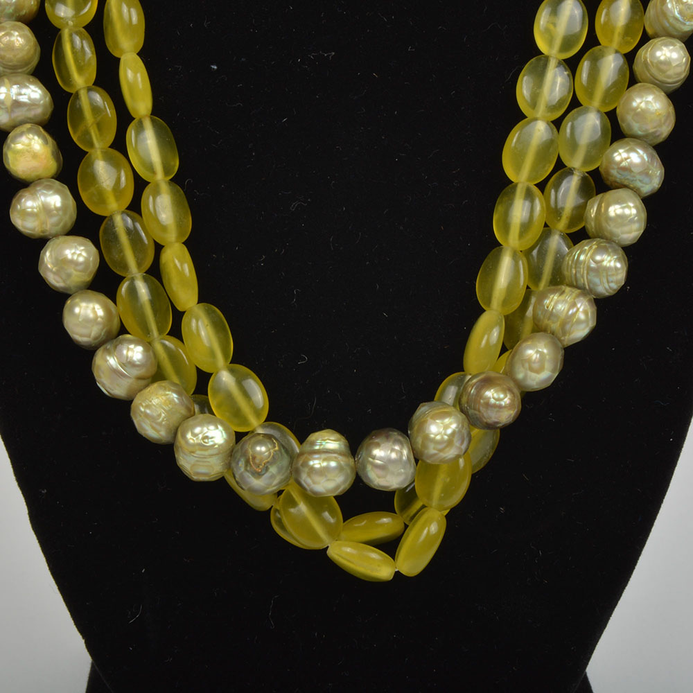Green Pearl and Chalcedony Necklace with 14K Yellow Gold Clasp