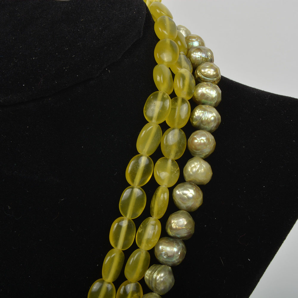 Green Pearl and Chalcedony Necklace with 14K Yellow Gold Clasp